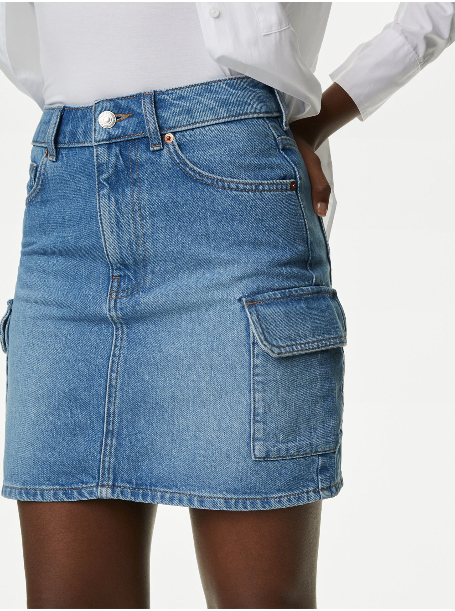 Lacno Modrá dámska kapsáčová džínsová sukňa Marks & Spencer