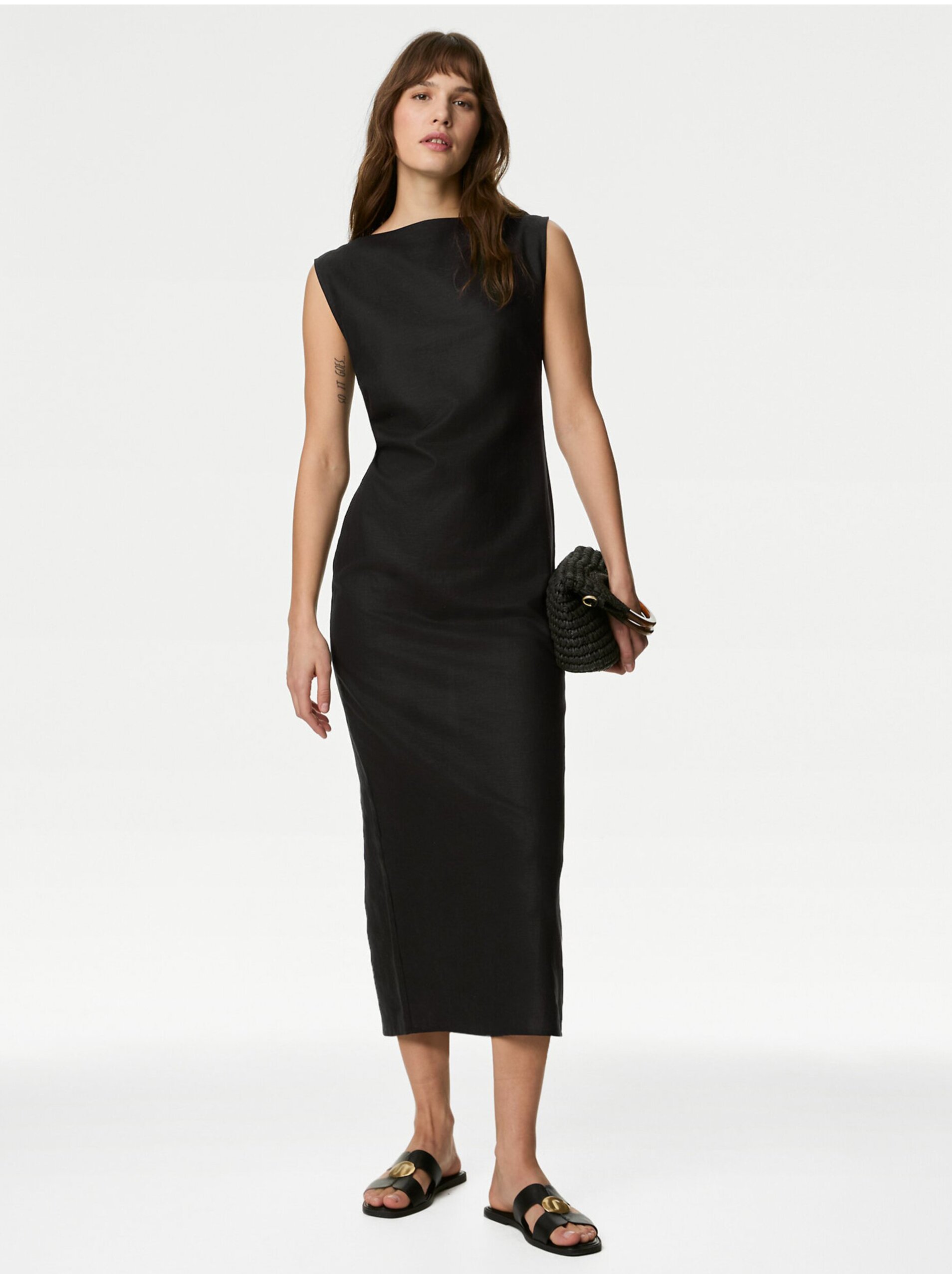 Levně Černé dámské midi šaty s podílem lnu Marks & Spencer