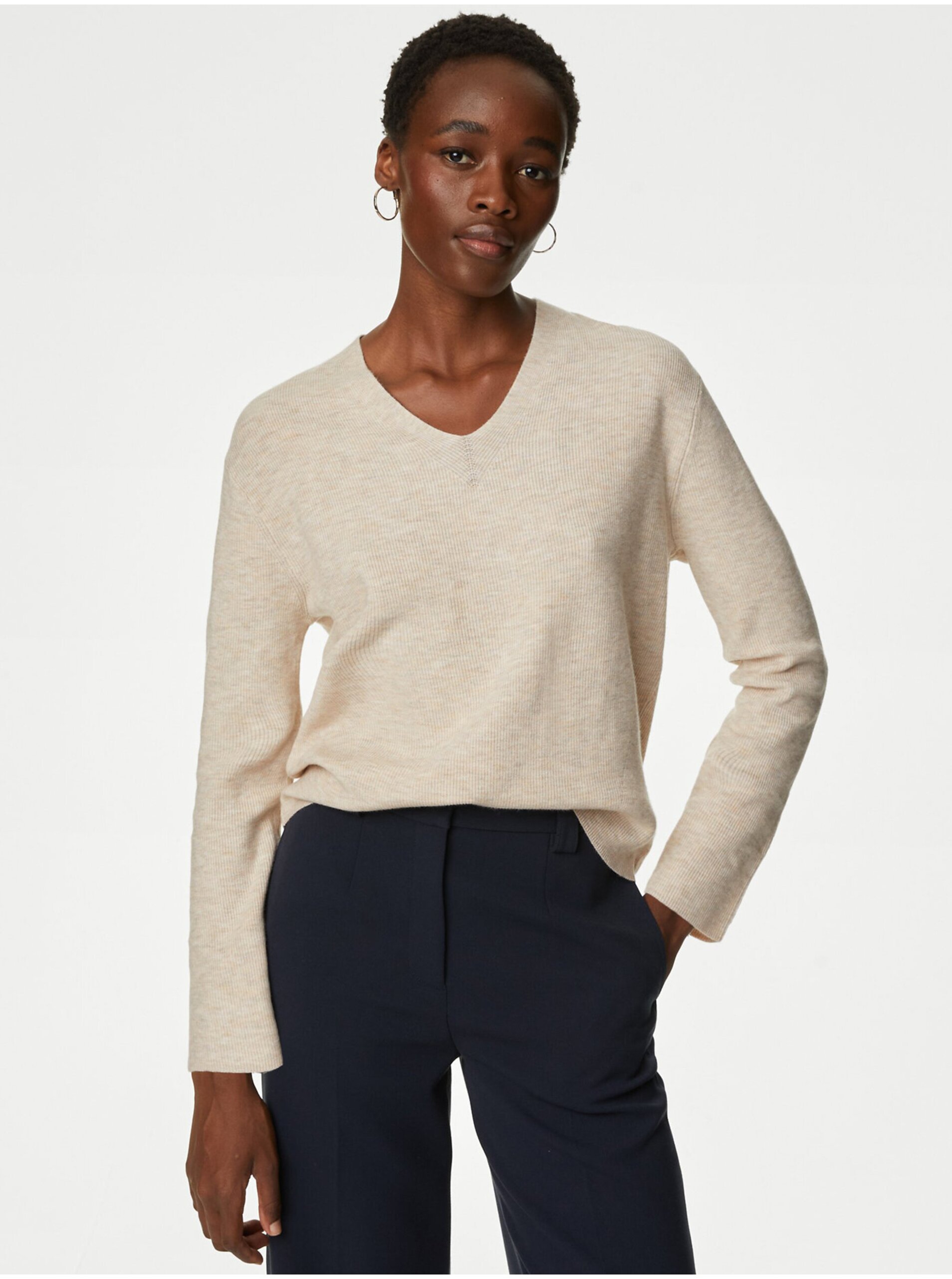 Lacno Béžový dámsky mäkký rebrovaný sveter Marks & Spencer