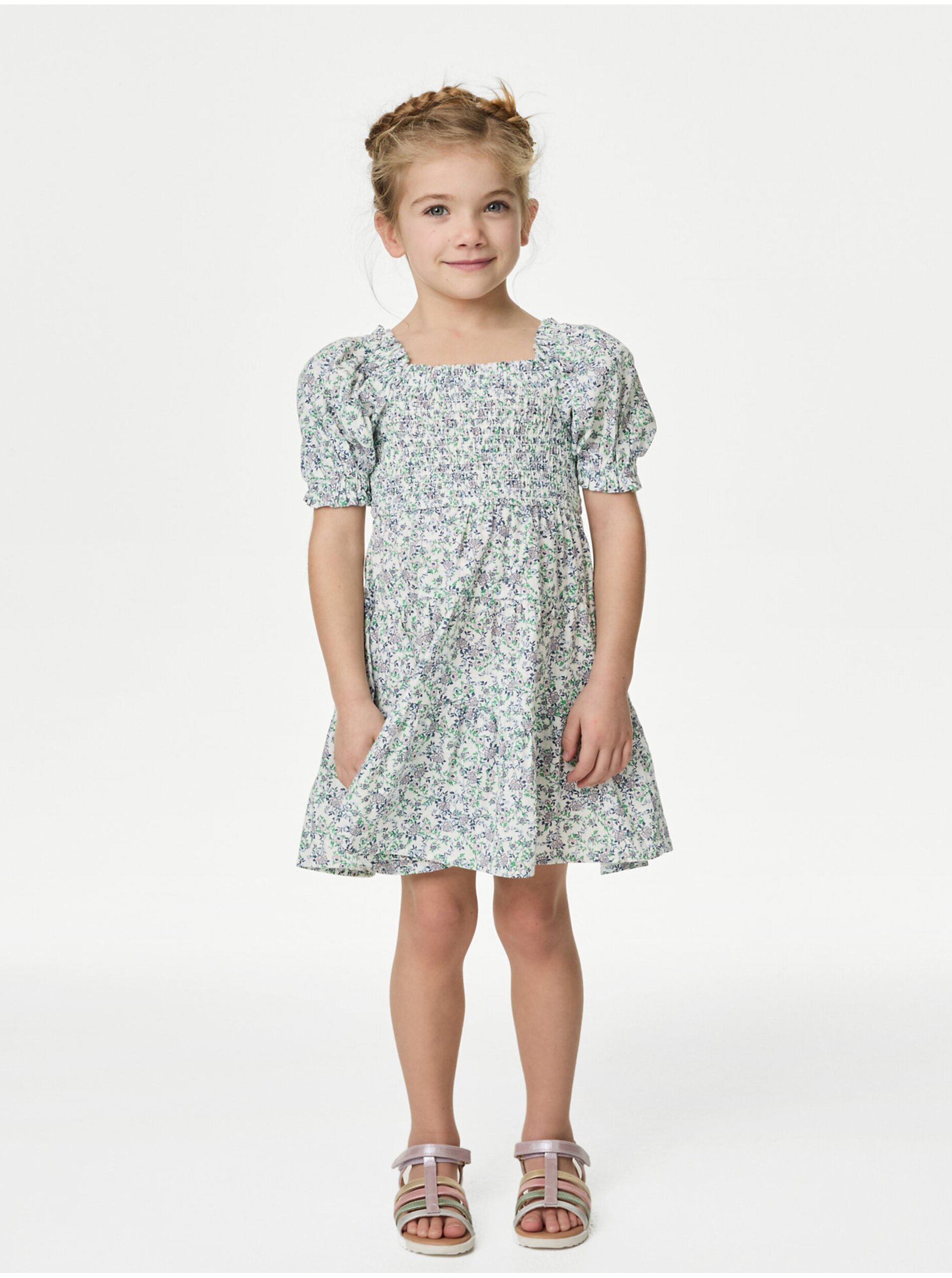 Levně Modro-krémové holčičí květované šaty Mini Me Marks & Spencer