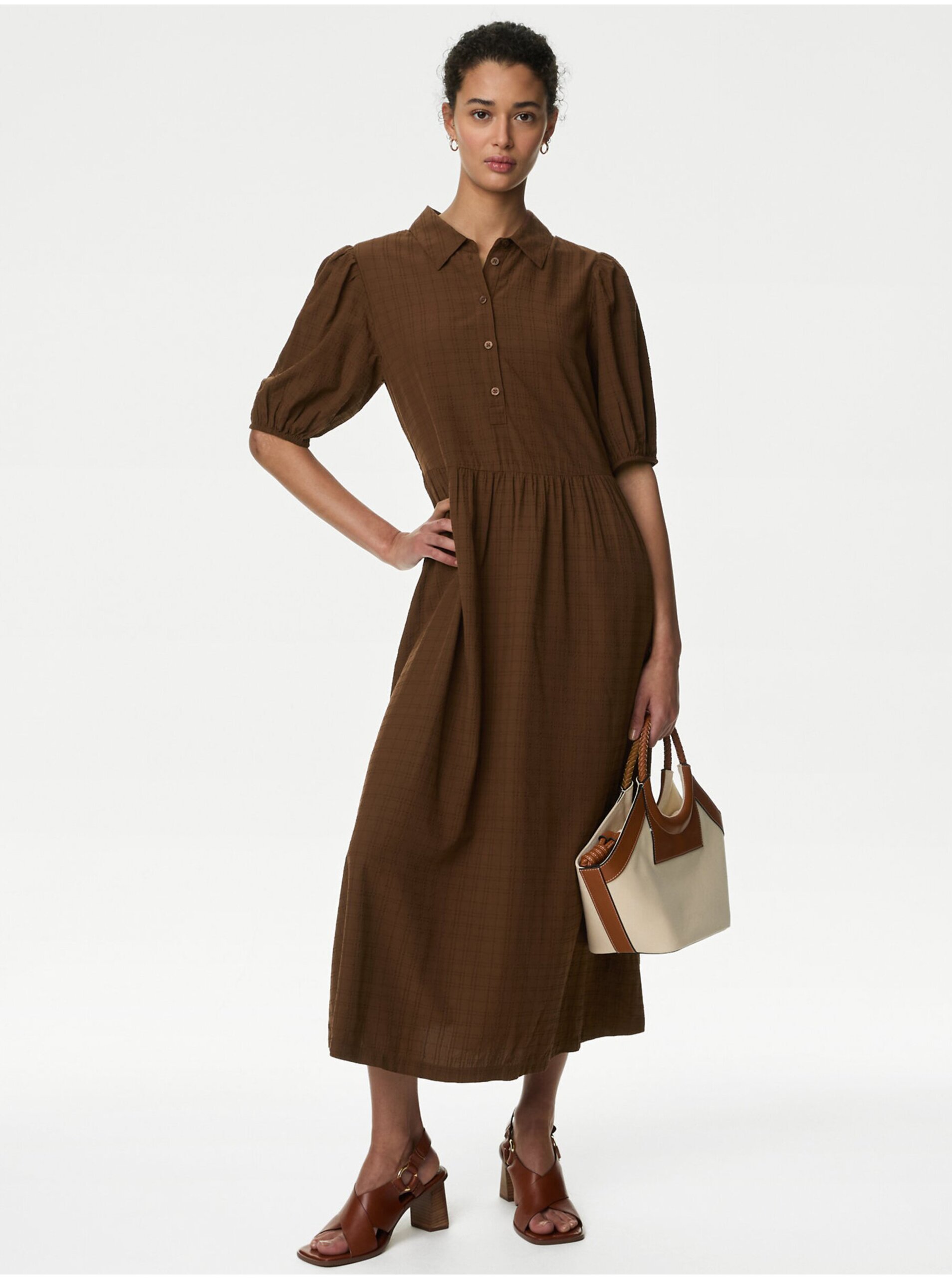 Lacno Hnedé dámske košeľové midi šaty Marks & Spencer
