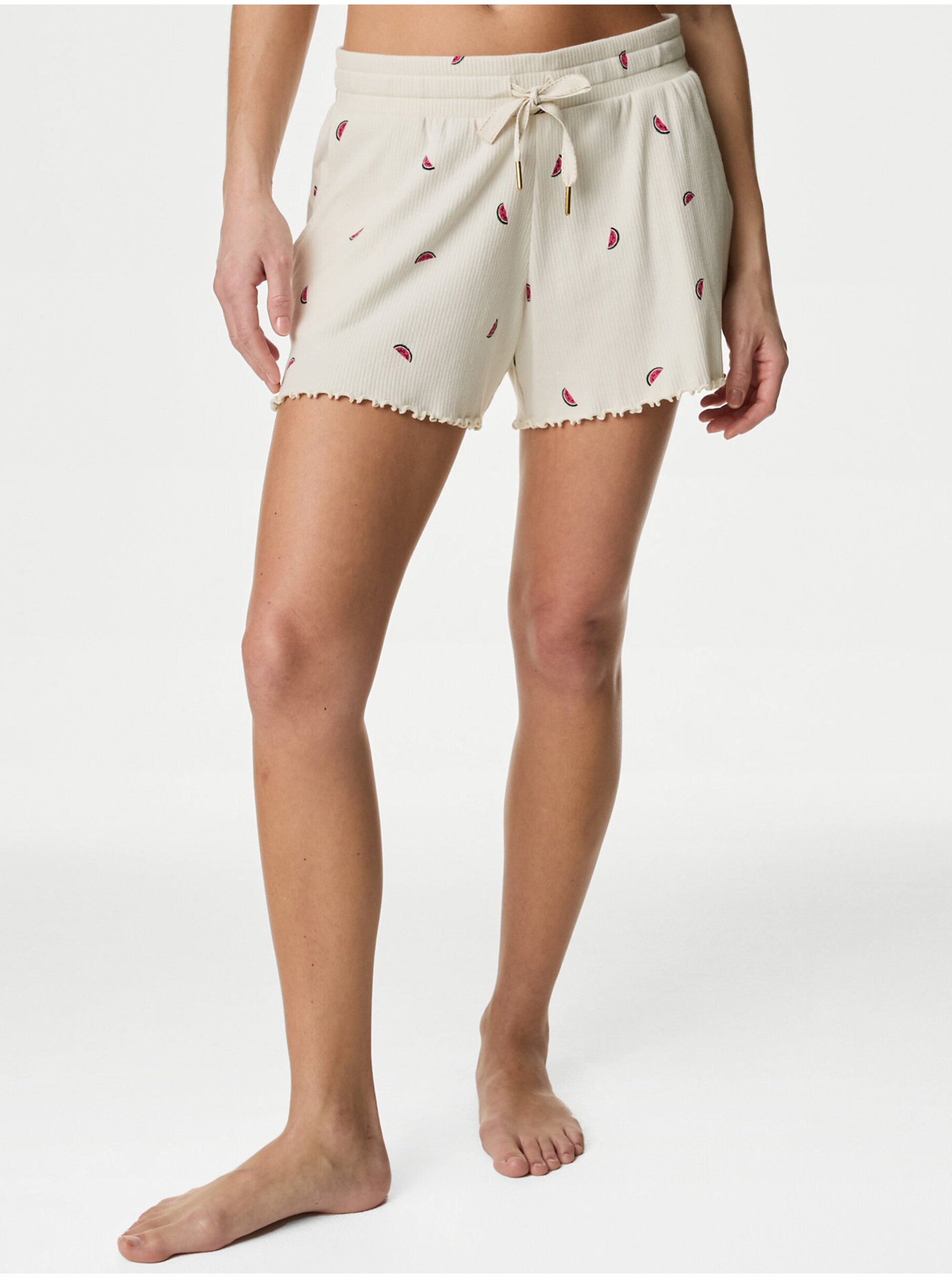 Levně Krémové dámské žebrované pyžamové šortky Marks & Spencer