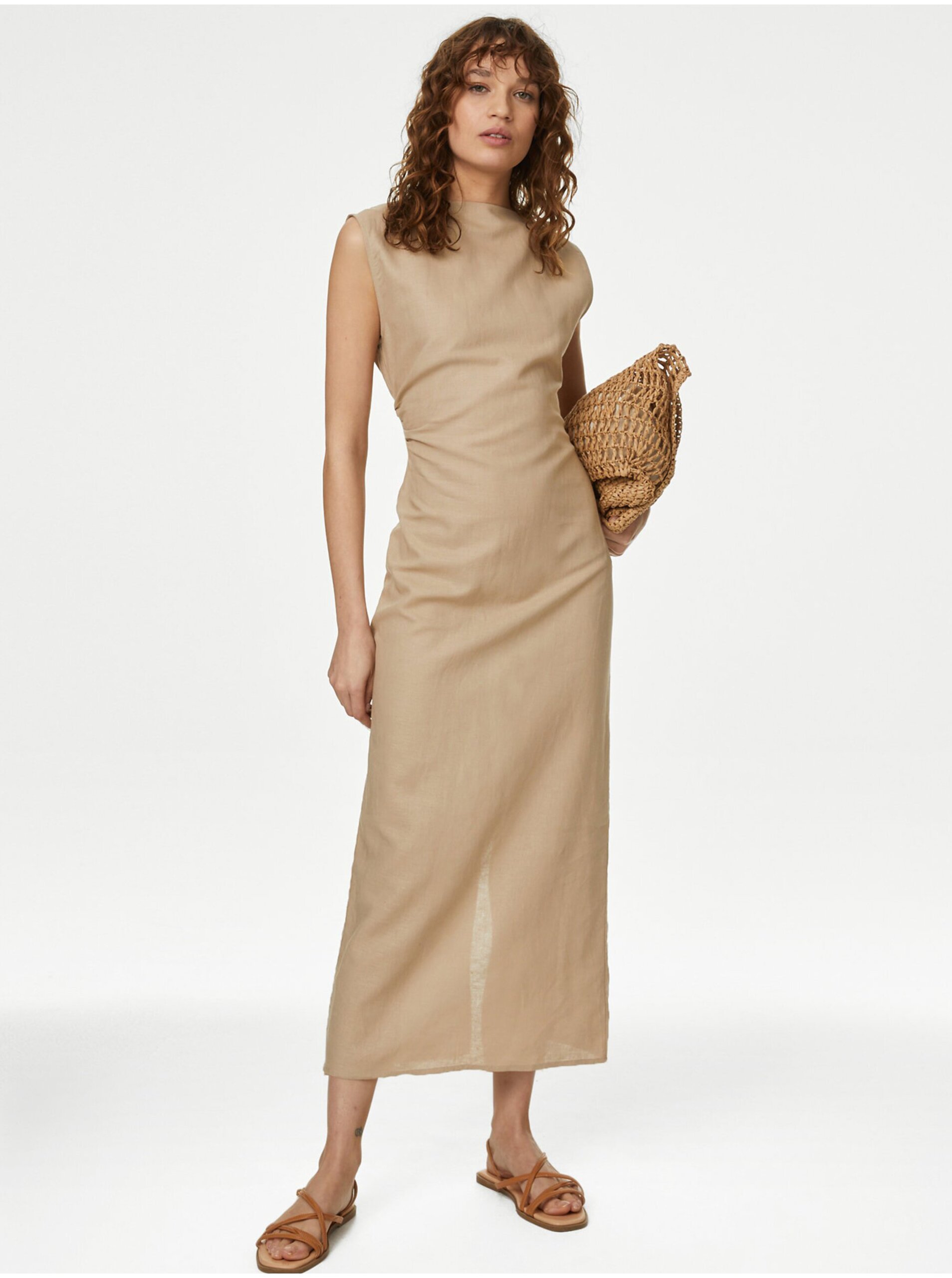Levně Béžové dámské šaty s příměsí lnu Marks & Spencer