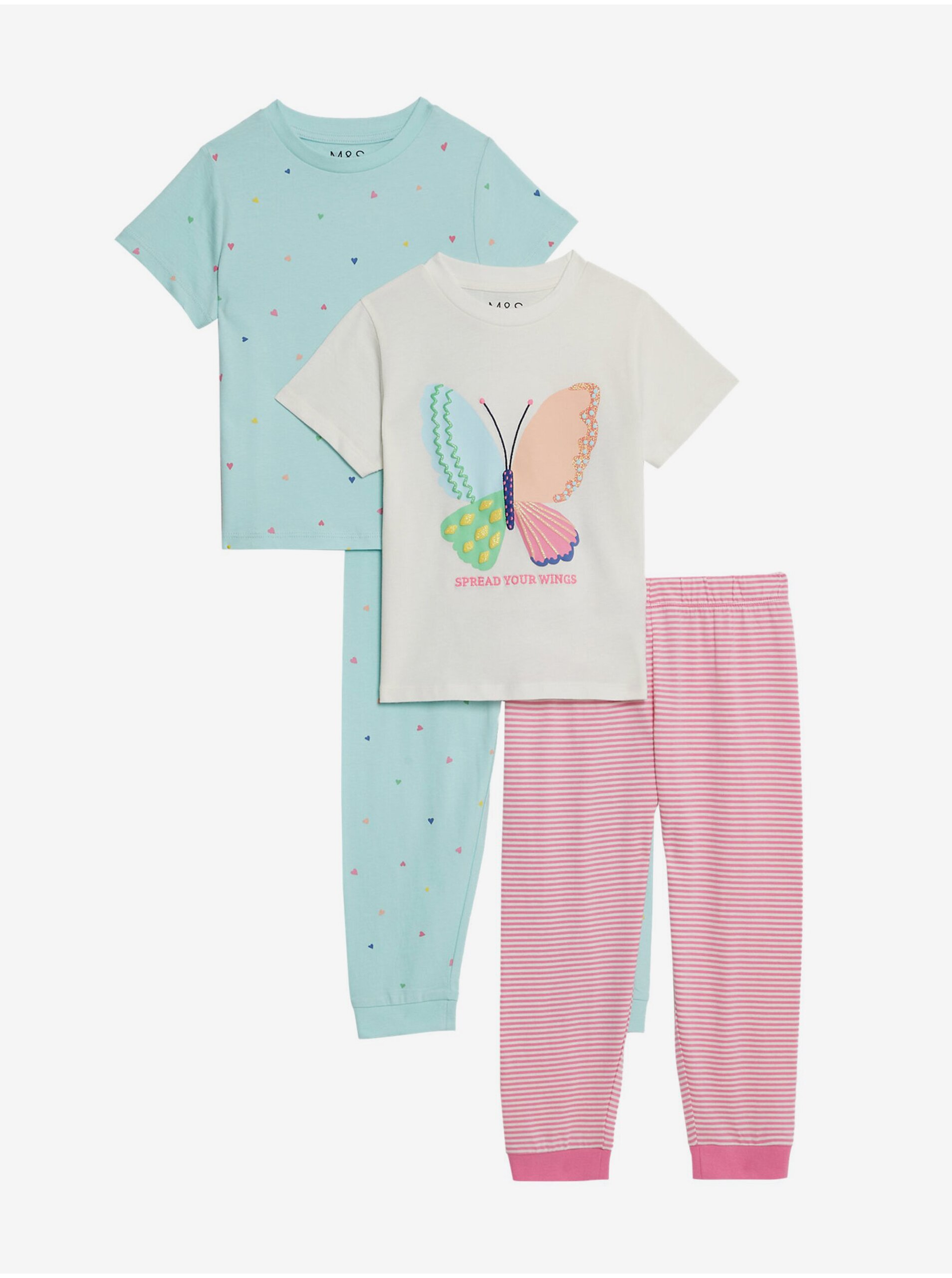 Levně Sada dvou holčičích pyžam v růžové, bílé a světle modré barvě Marks & Spencer