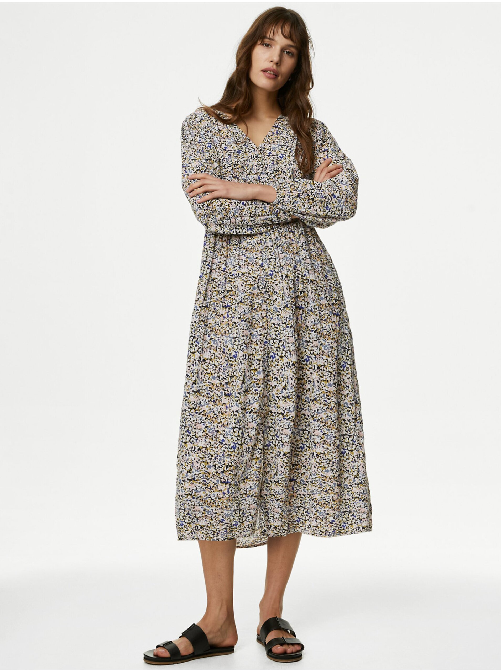 Levně Černo-krémové dámské vzorované midi šaty Marks & Spencer
