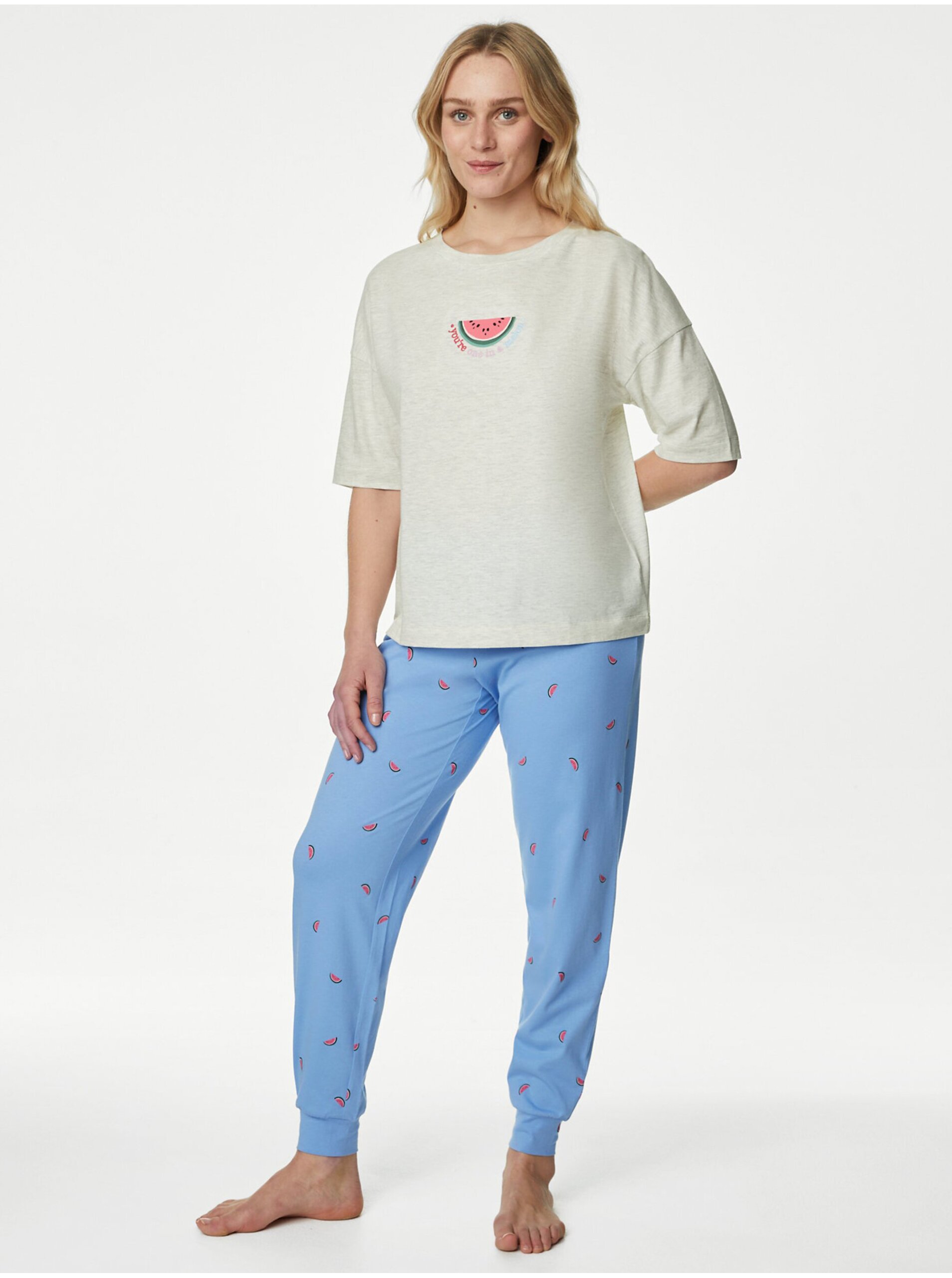 Levně Krémovo-modré dámské pyžamo s motivem melounů Marks & Spencer