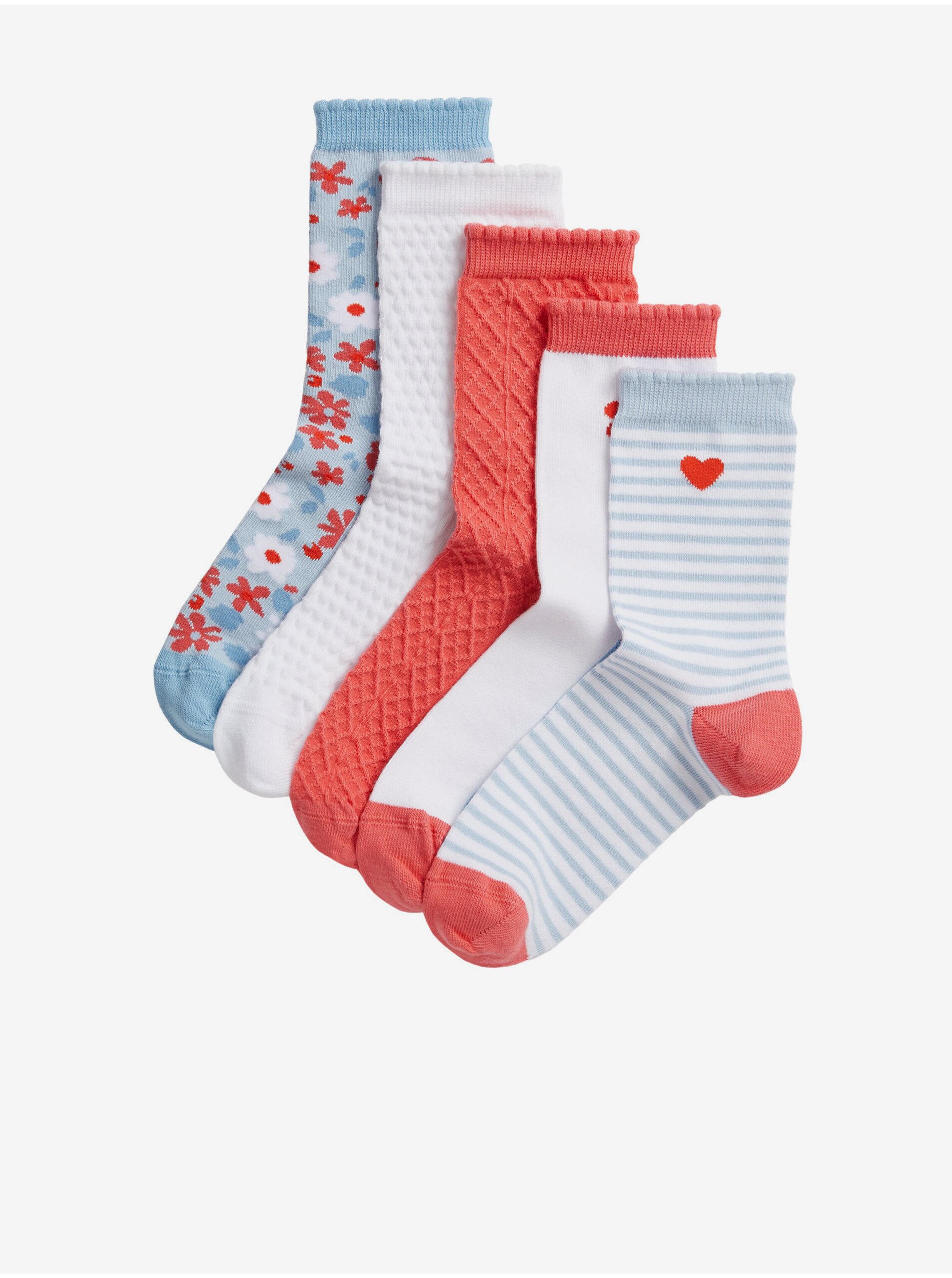 Lacno Súprava piatich párov dievčenských vzorovaných ponožiek v červenej, bielej, šedej a svetlo modrej farbe Marks & Spencer