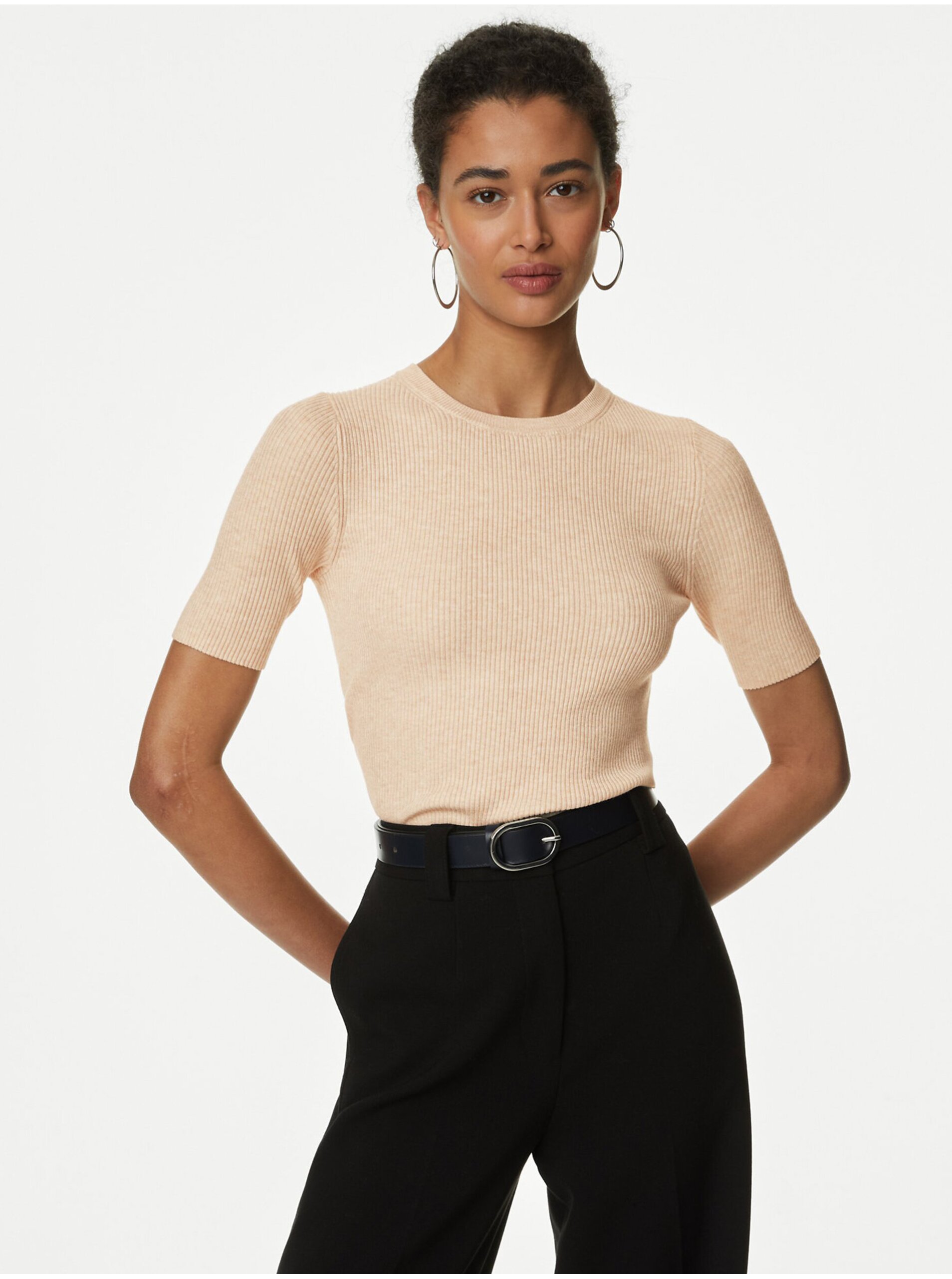 Levně Béžový dámský svetr s krátkým rukávem Marks & Spencer