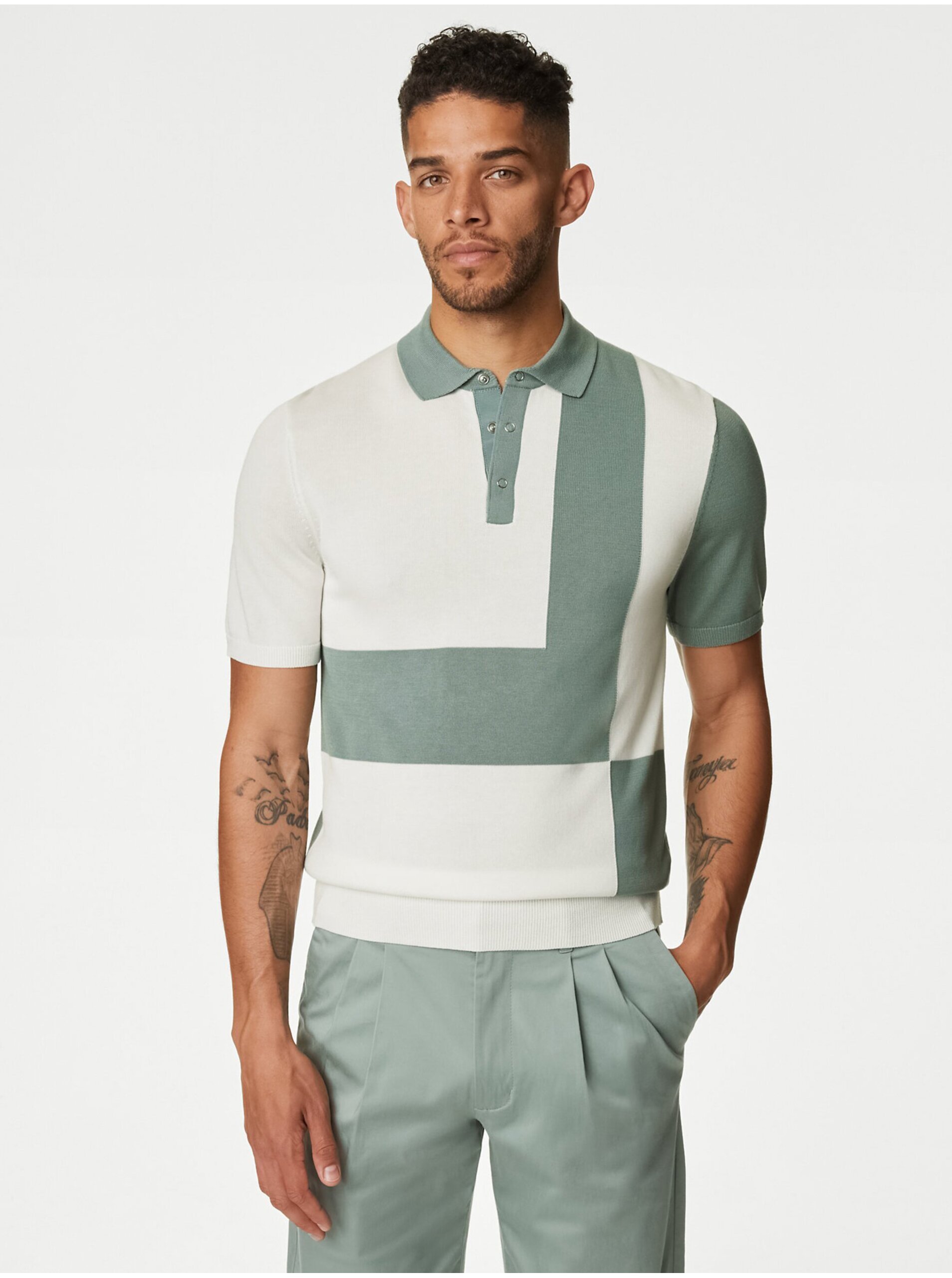 Lacno Zeleno-biele pánske pletené polo tričko Marks & Spencer