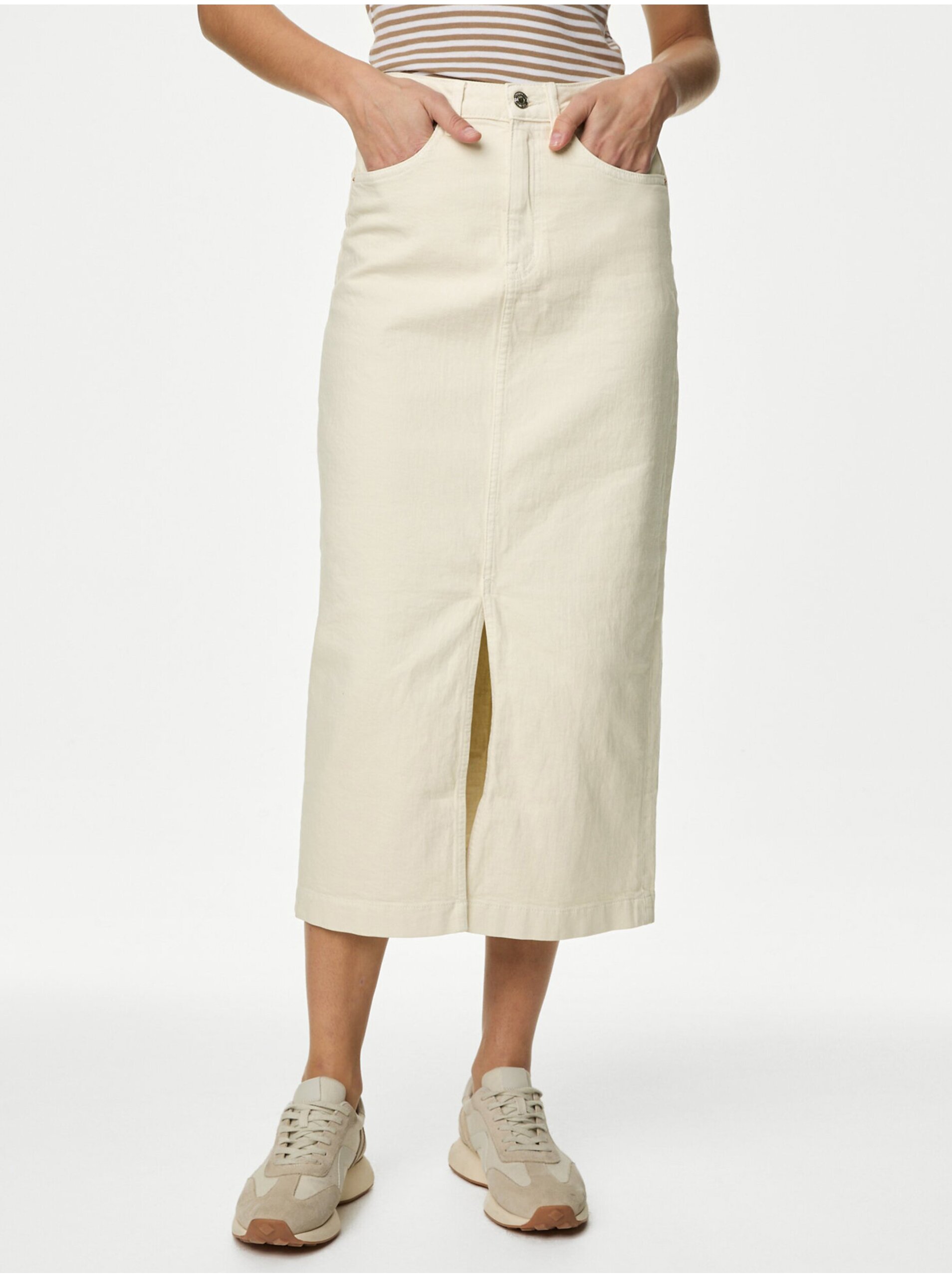Lacno Krémová dámska džínsová sukňa Marks & Spencer