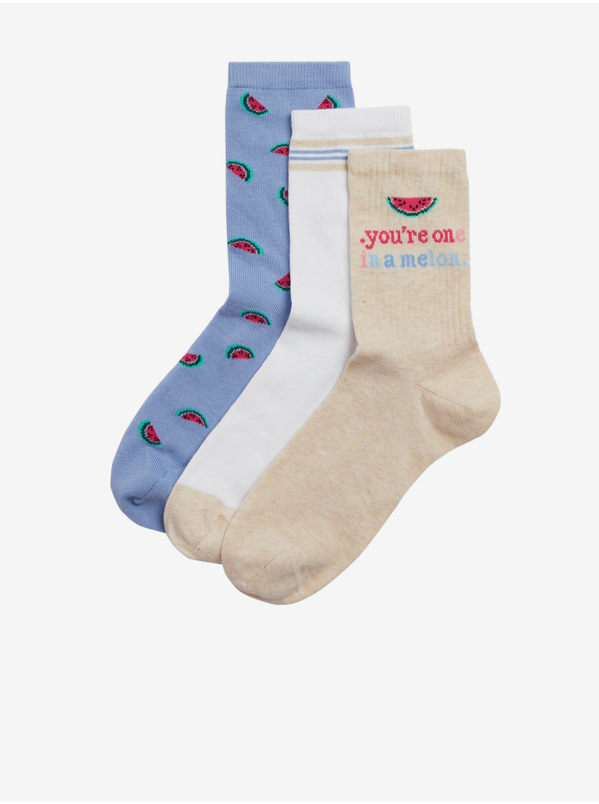 Levně Sada tří párů dámských ponožek v béžové, bílé a modré barvě Marks & Spencer