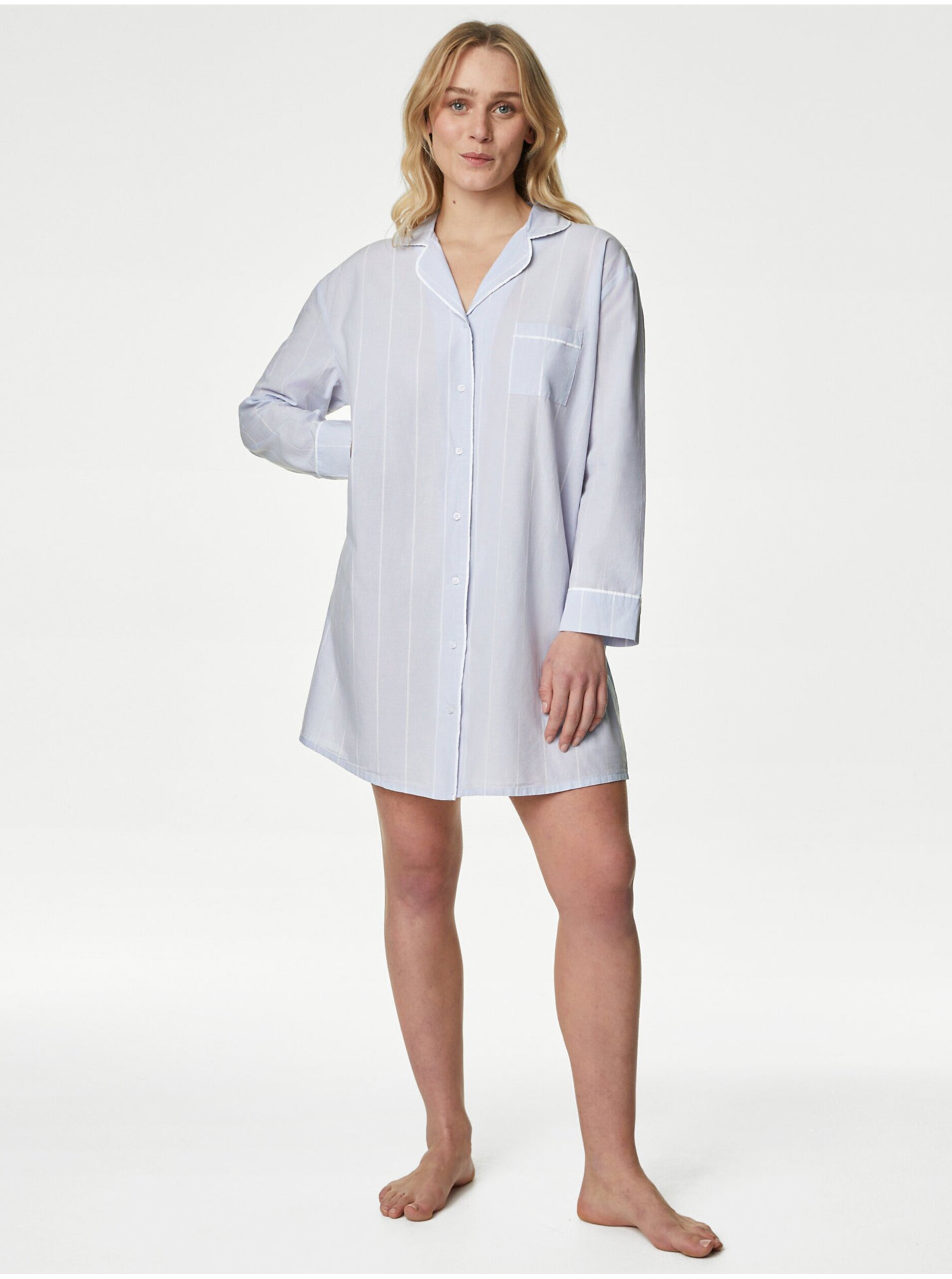 Lacno Svetlomodrá dámska pruhovaná košeľová nočná košeľa Marks & Spencer