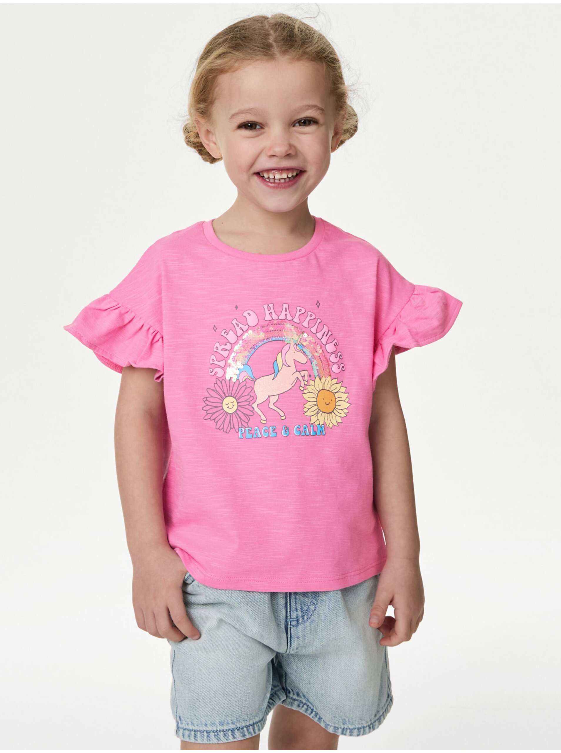 Levně Růžové holčičí tričko s volánky Marks & Spencer