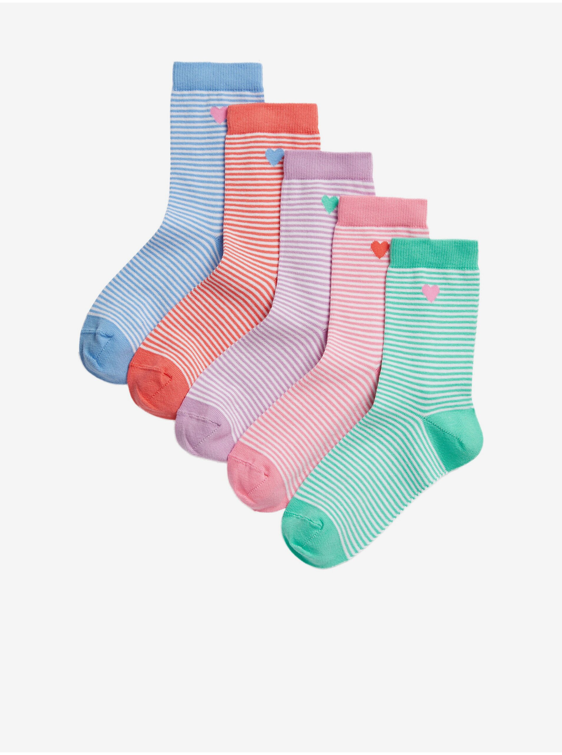 Levně Sada pěti párů holčičích proužkovaných ponožek v zelené, růžové, fialové, červené a modré barvě Marks & Spencer