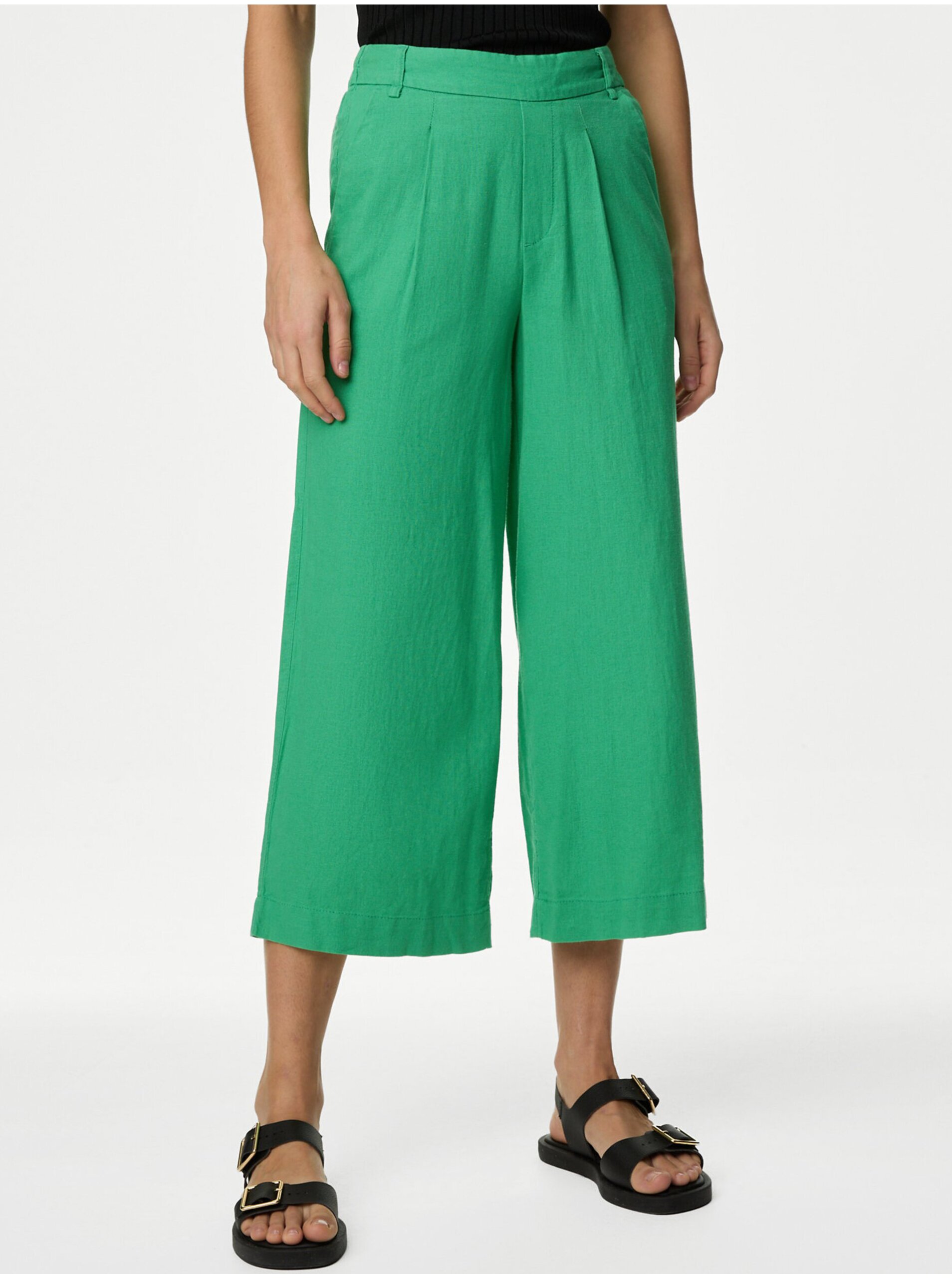 Levně Zelené dámské zkrácené široké kalhoty s příměsí lnu Marks & Spencer