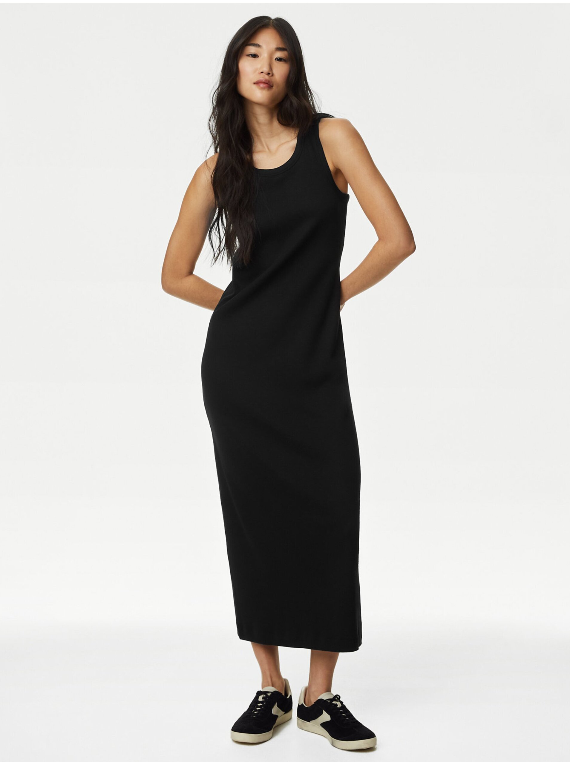 Lacno Čierne dámske rebrované midi šaty Marks & Spencer