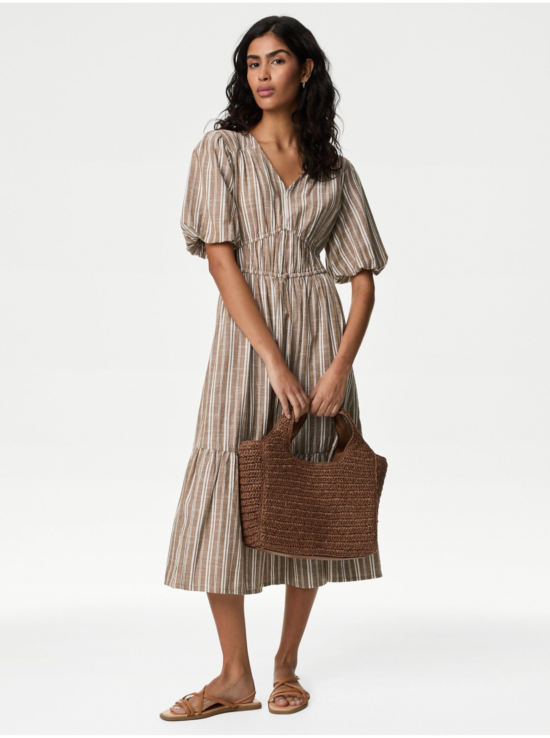 Levně Hnědé dámské pruhované nabírané šaty Marks & Spencer
