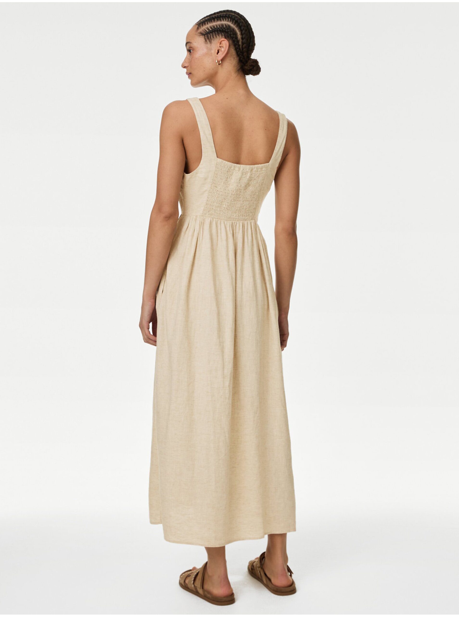 E-shop Béžové dámske midi šaty s prímesou ľanu Marks & Spencer