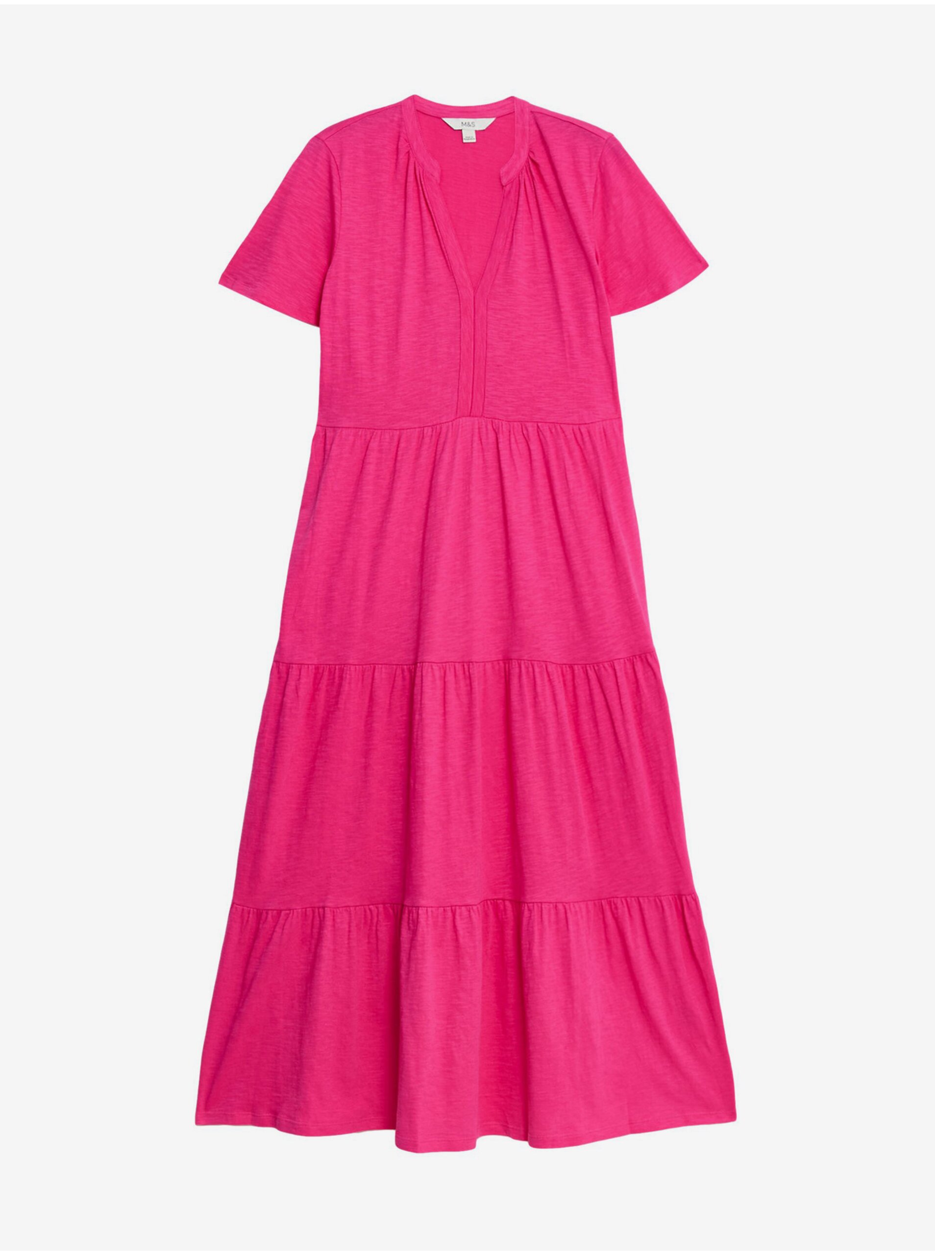 Levně Tmavě růžové dámské žerzejové midi šaty s volány Marks & Spencer