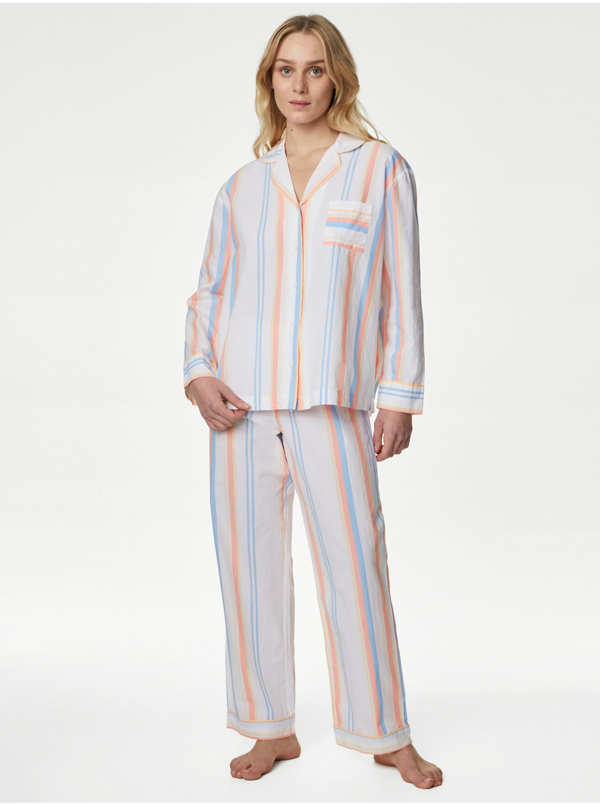 Levně Krémová dámská Pruhovaná pyžamová souprava z čisté bavlny Marks & Spencer