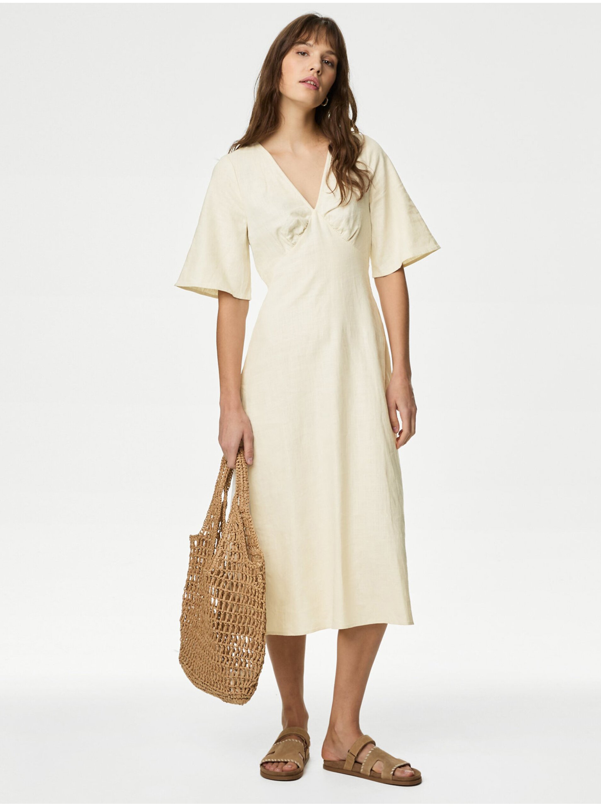 Levně Krémové dámské šaty ze směsi lnu Marks & Spencer