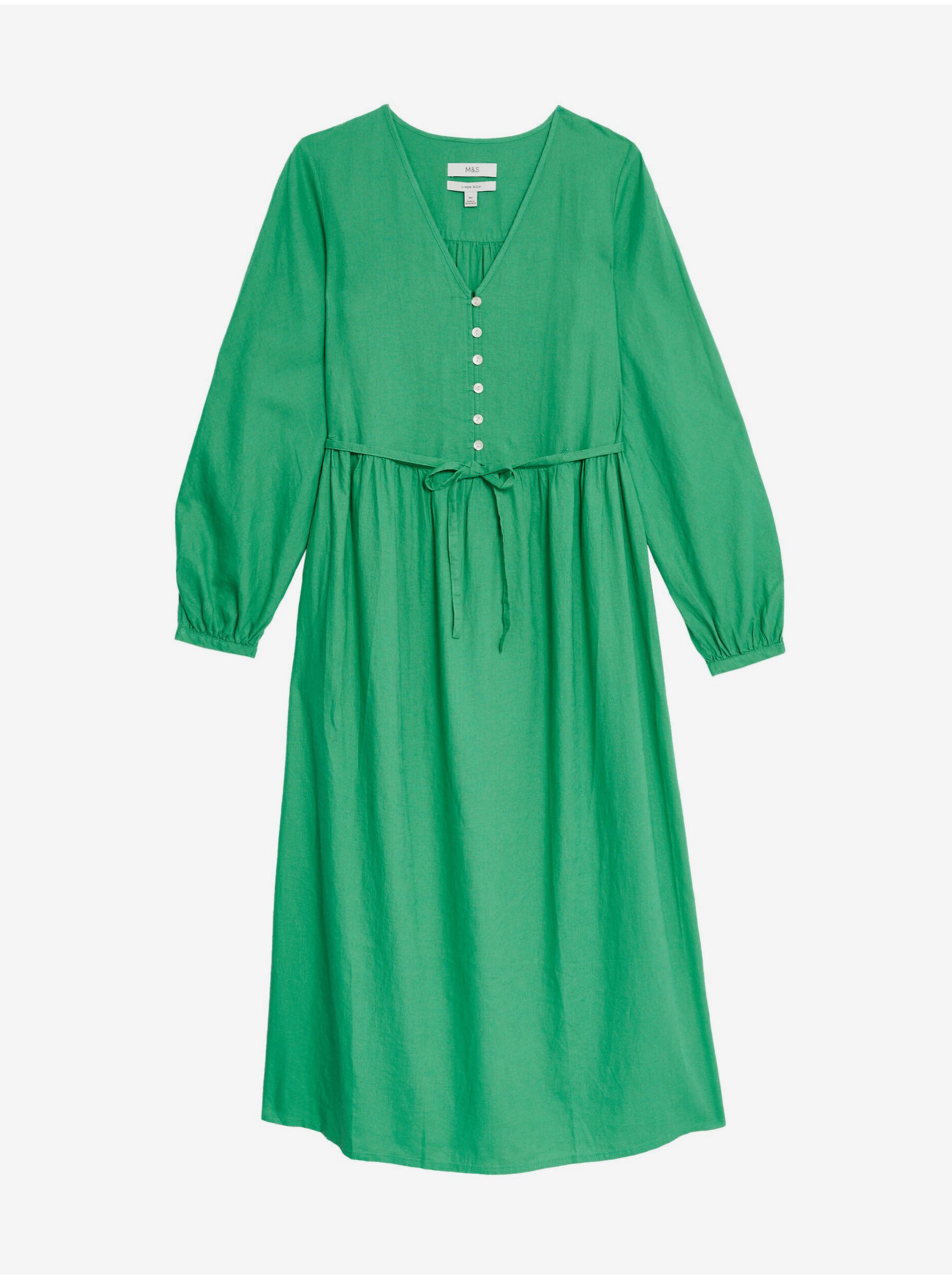 Levně Zelené dámské midi šaty s vysokým podílem lnu Marks & Spencer