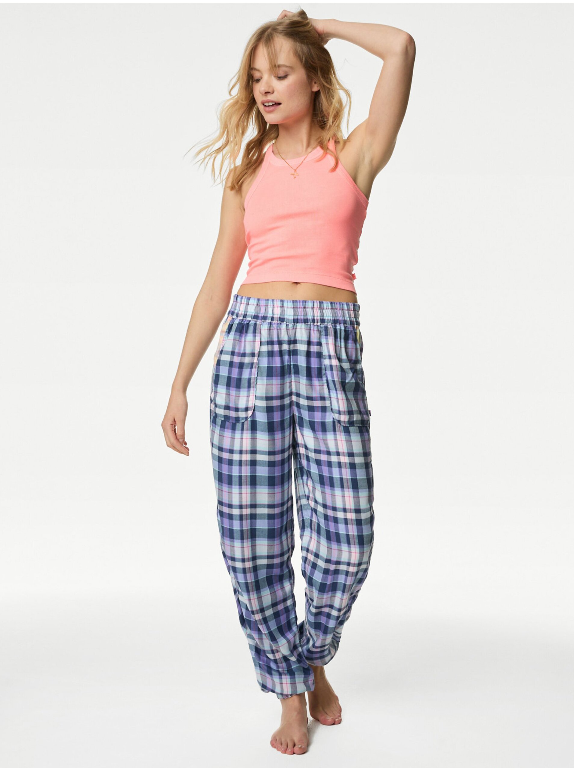 E-shop Modré dámske kárované pyžamové nohavice Marks & Spencer