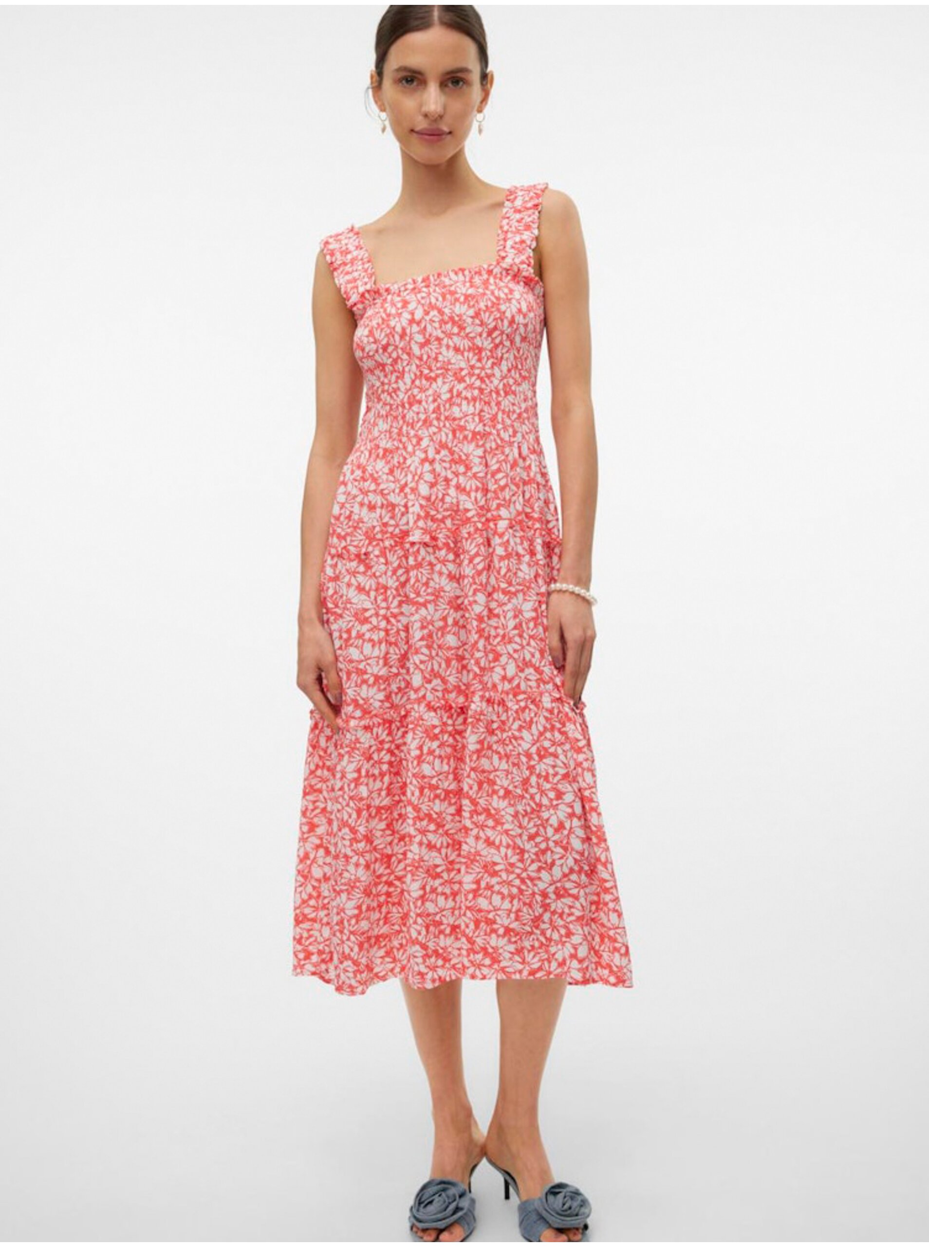 E-shop Červeno-bílé dámské midi šaty Vero Moda Menny