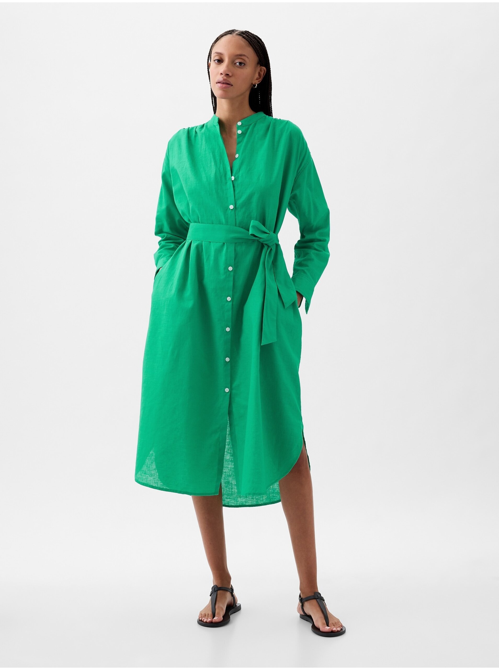 Levně Zelené dámské lněné midi šaty GAP