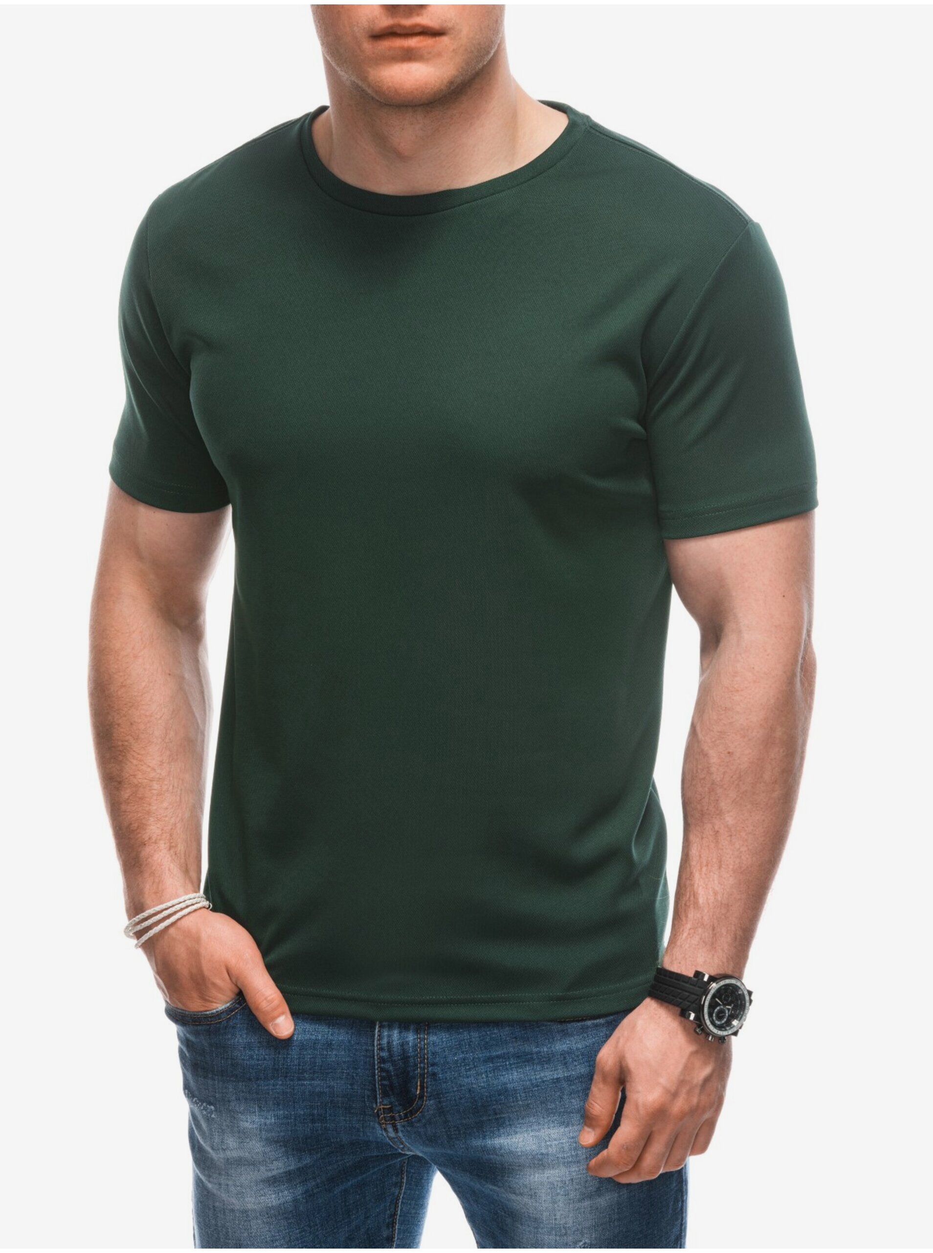 Levně Tmavě zelené pánské basic tričko Edoti