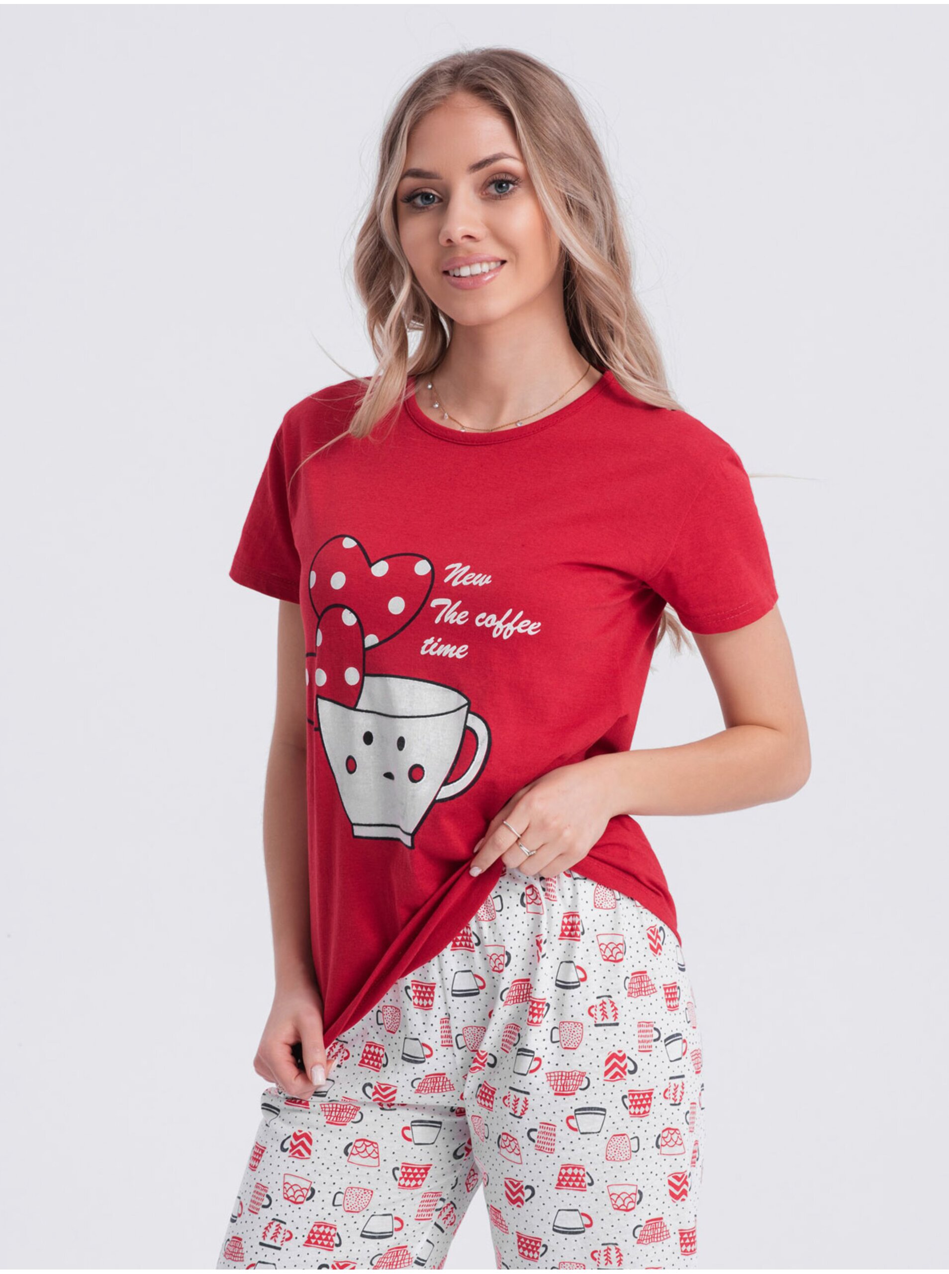 Levně Bílo-červené dámské vzorované pyžamo Edoti