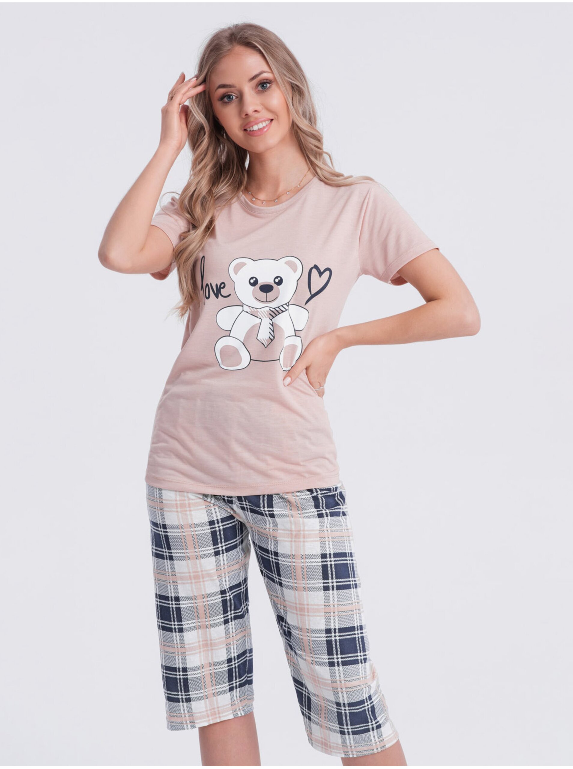 Levně Béžové dámské vzorované pyžamo Edoti