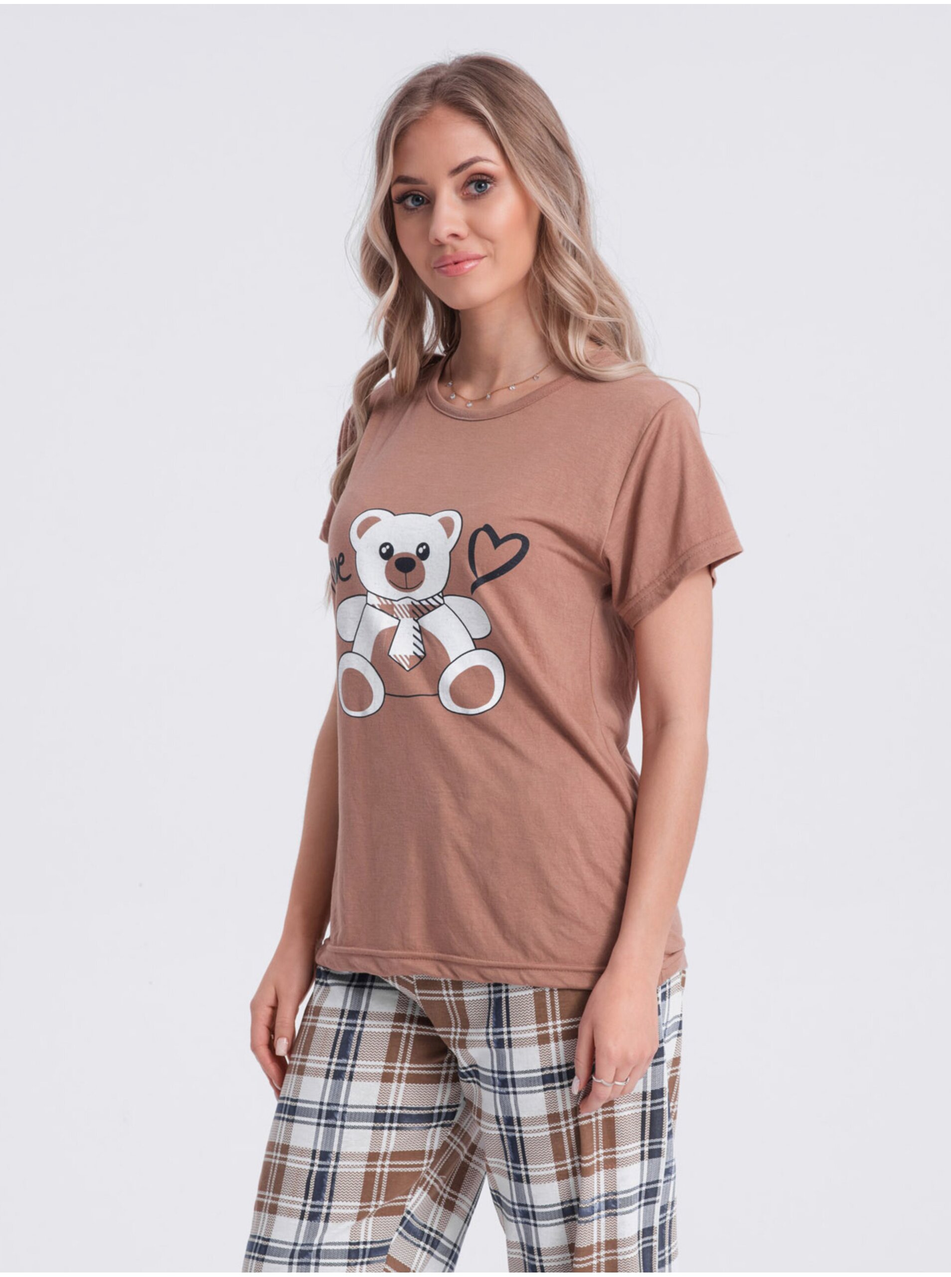 Levně Hnědé dámské vzorované pyžamo Edoti
