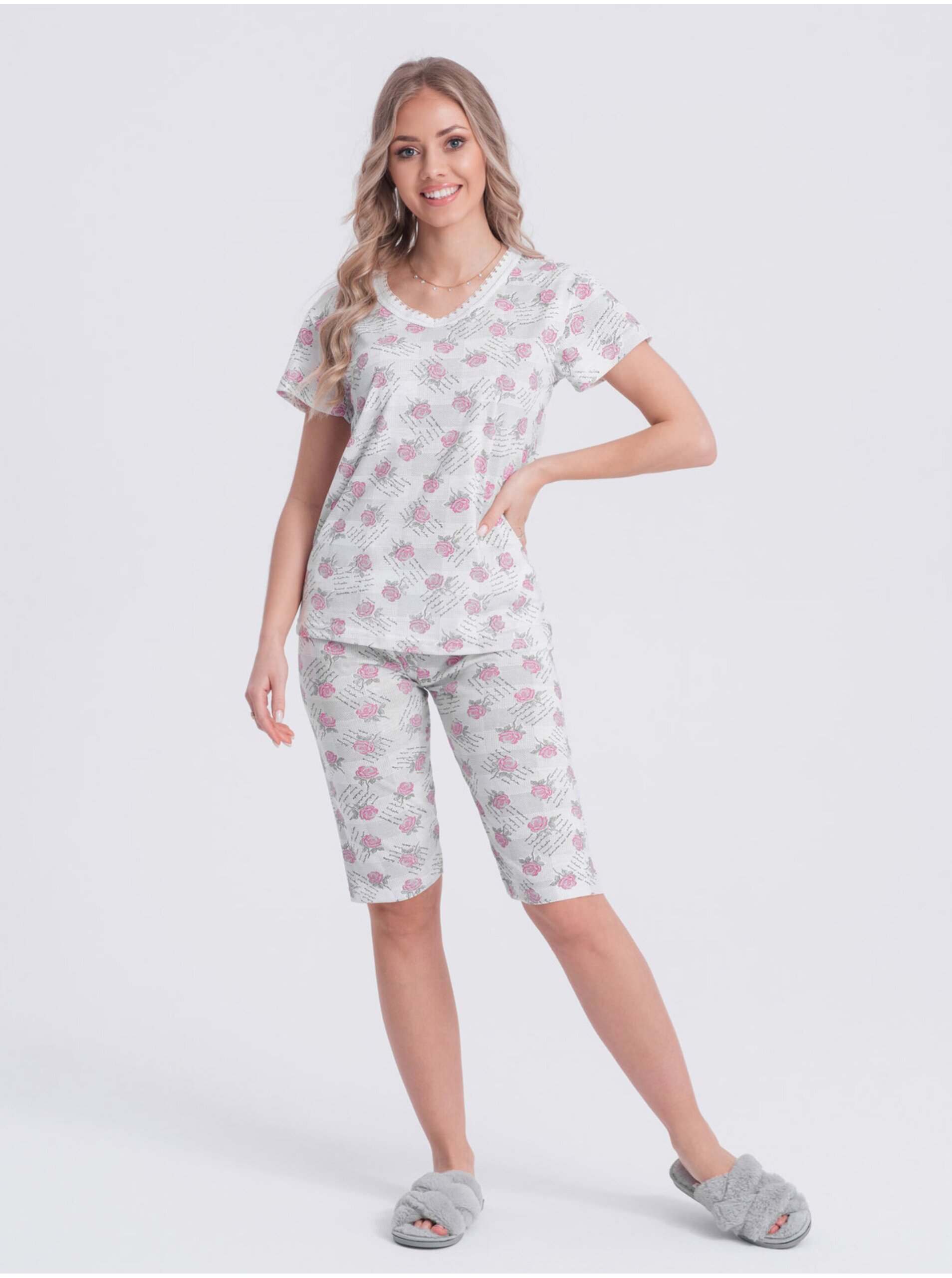 Levně Bílo-růžové dámské květované pyžamo Edoti