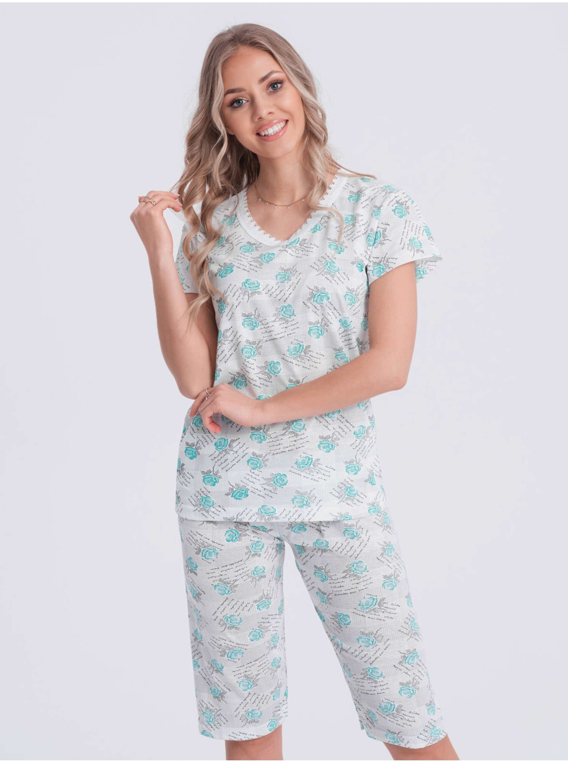 Levně Bílo-tyrkysové dámské květované pyžamo Edoti