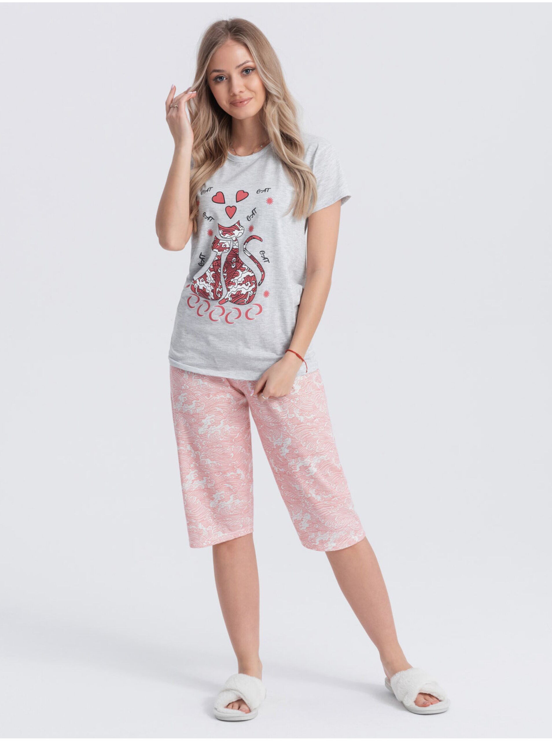 Levně Růžovo-šedé dámské pyžamo s potiskem Edoti