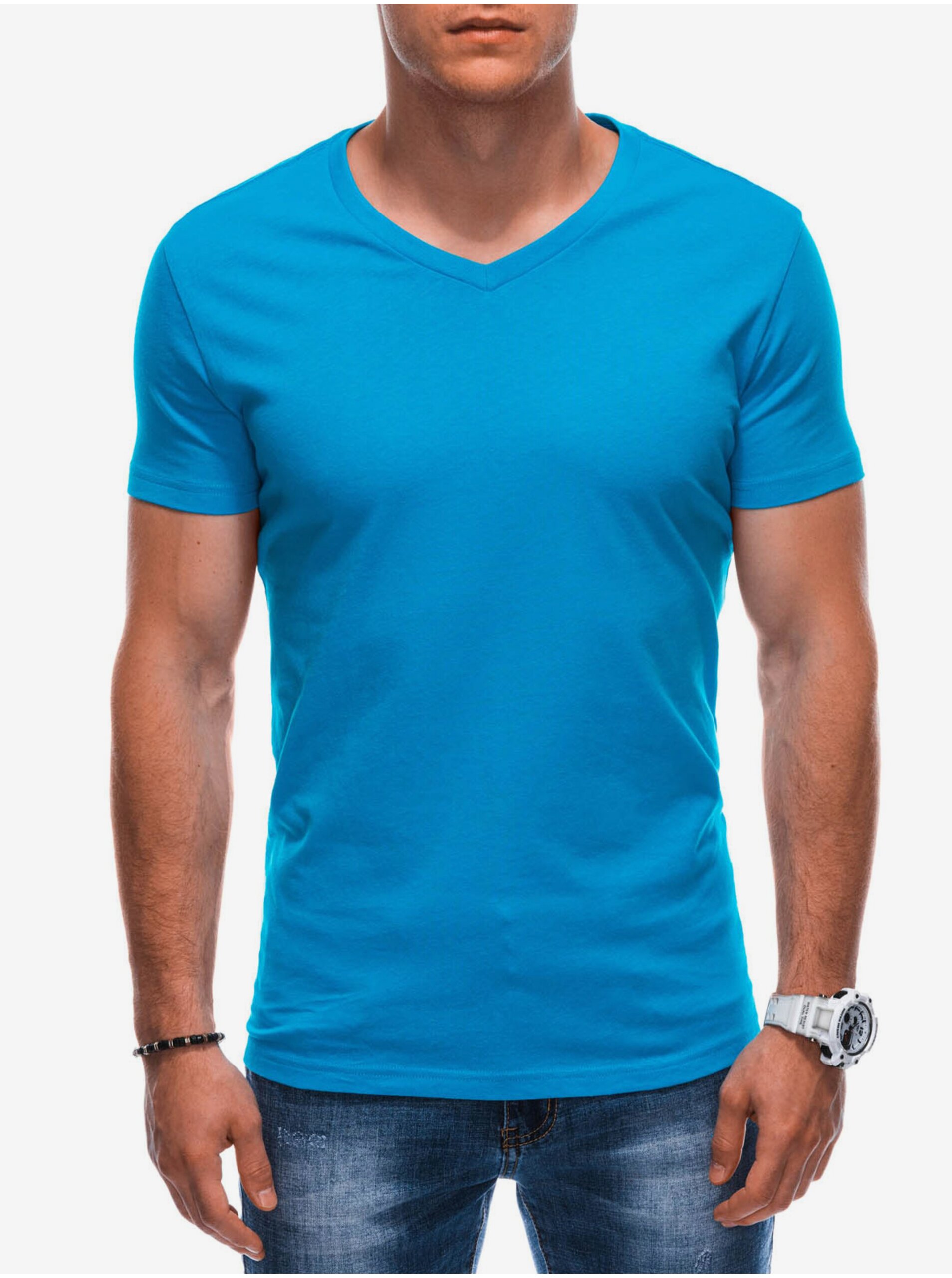 Levně Světle modré pánské basic tričko Edoti