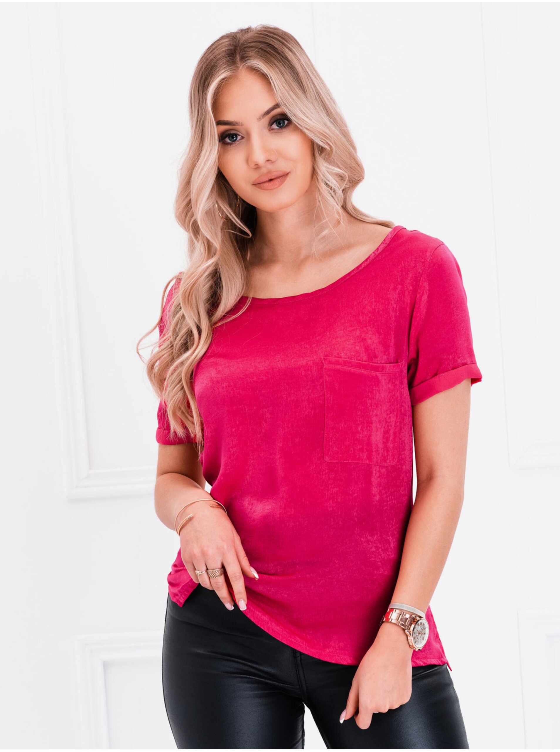 Levně Tmavě růžové dámské tričko s kapsičkou Edoti