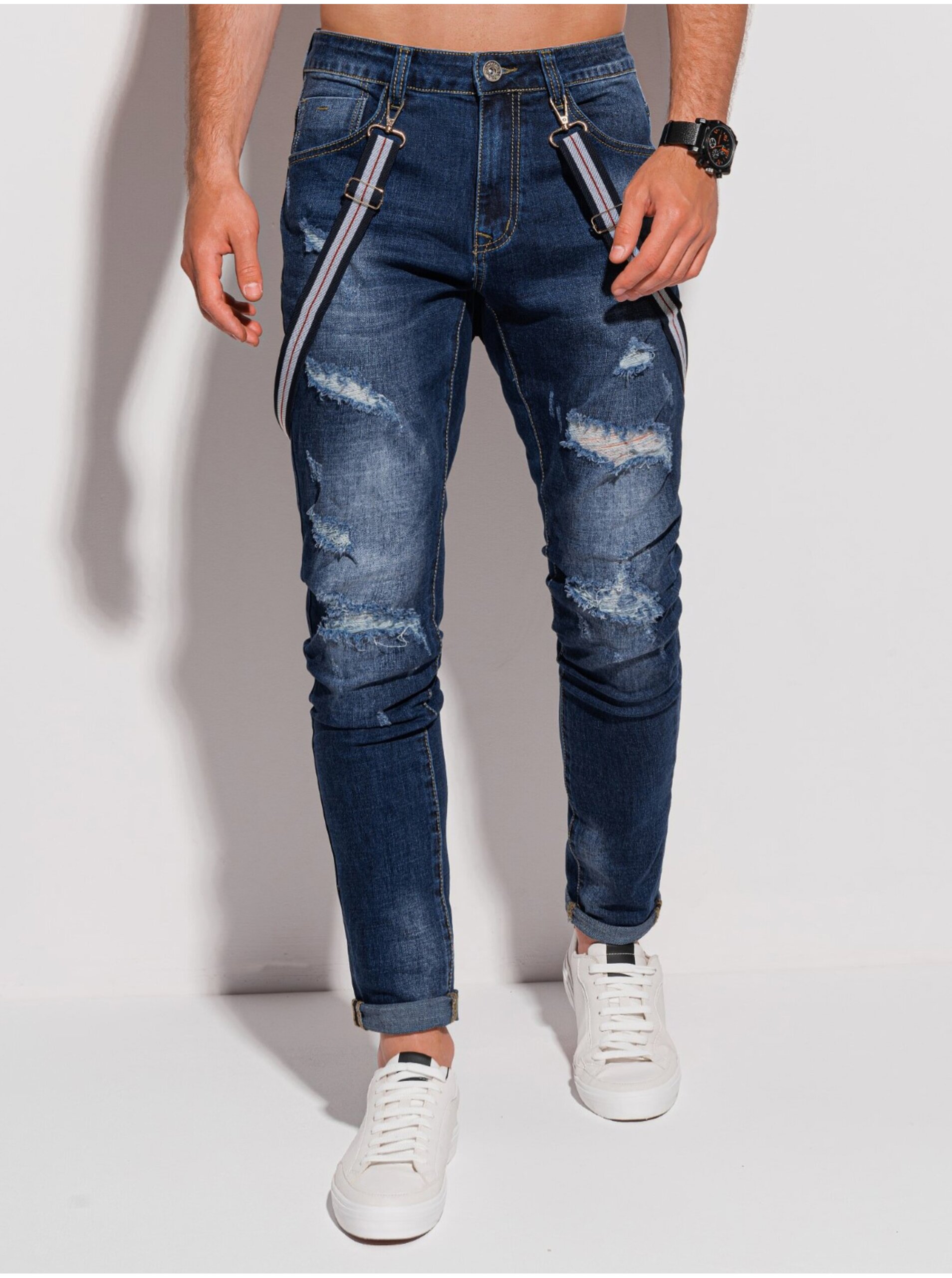 Levně Tmavě modré pánské džíny s potrhaným efektem Edoti