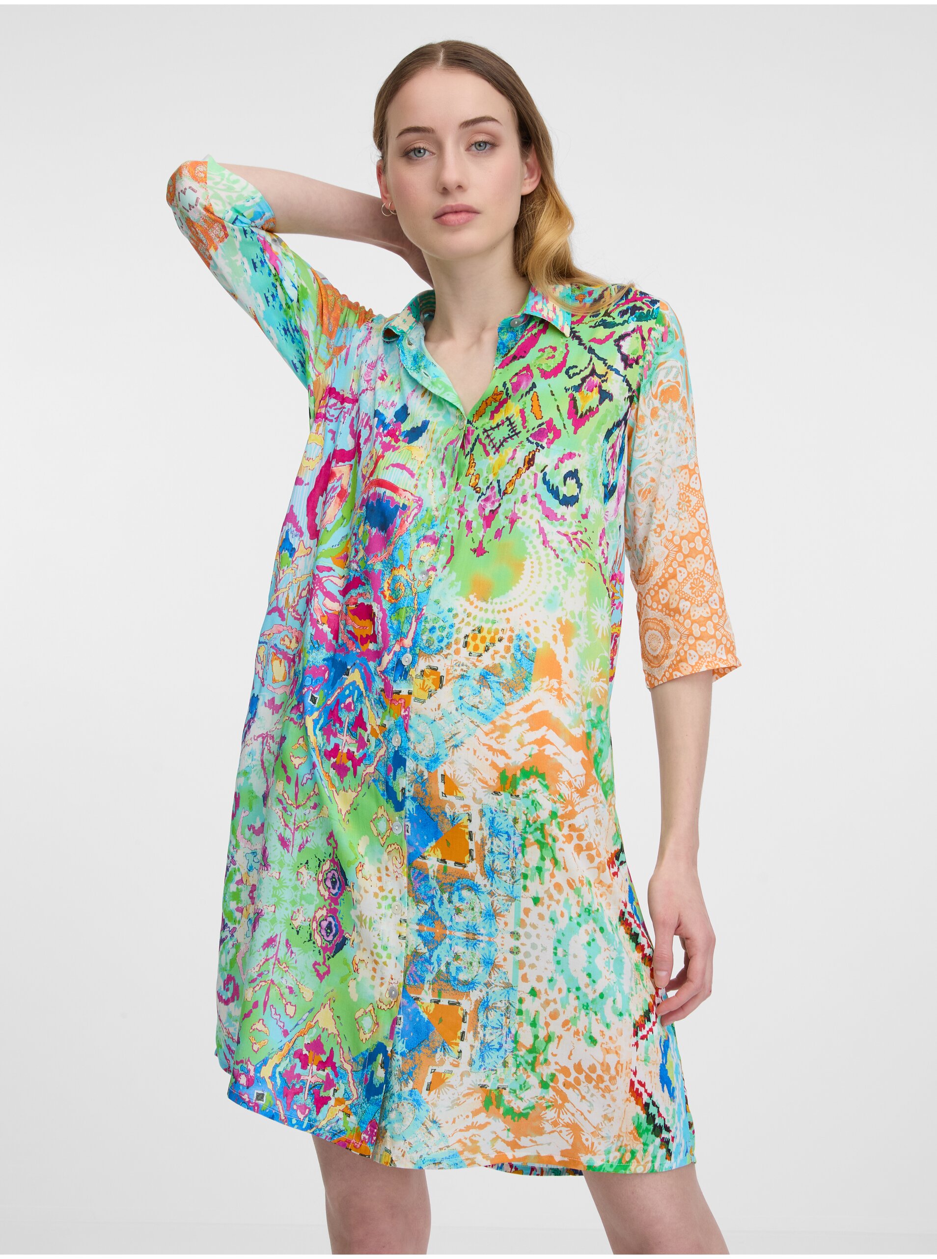 E-shop Modro-zelené dámske vzorované košeľové šaty Orientique