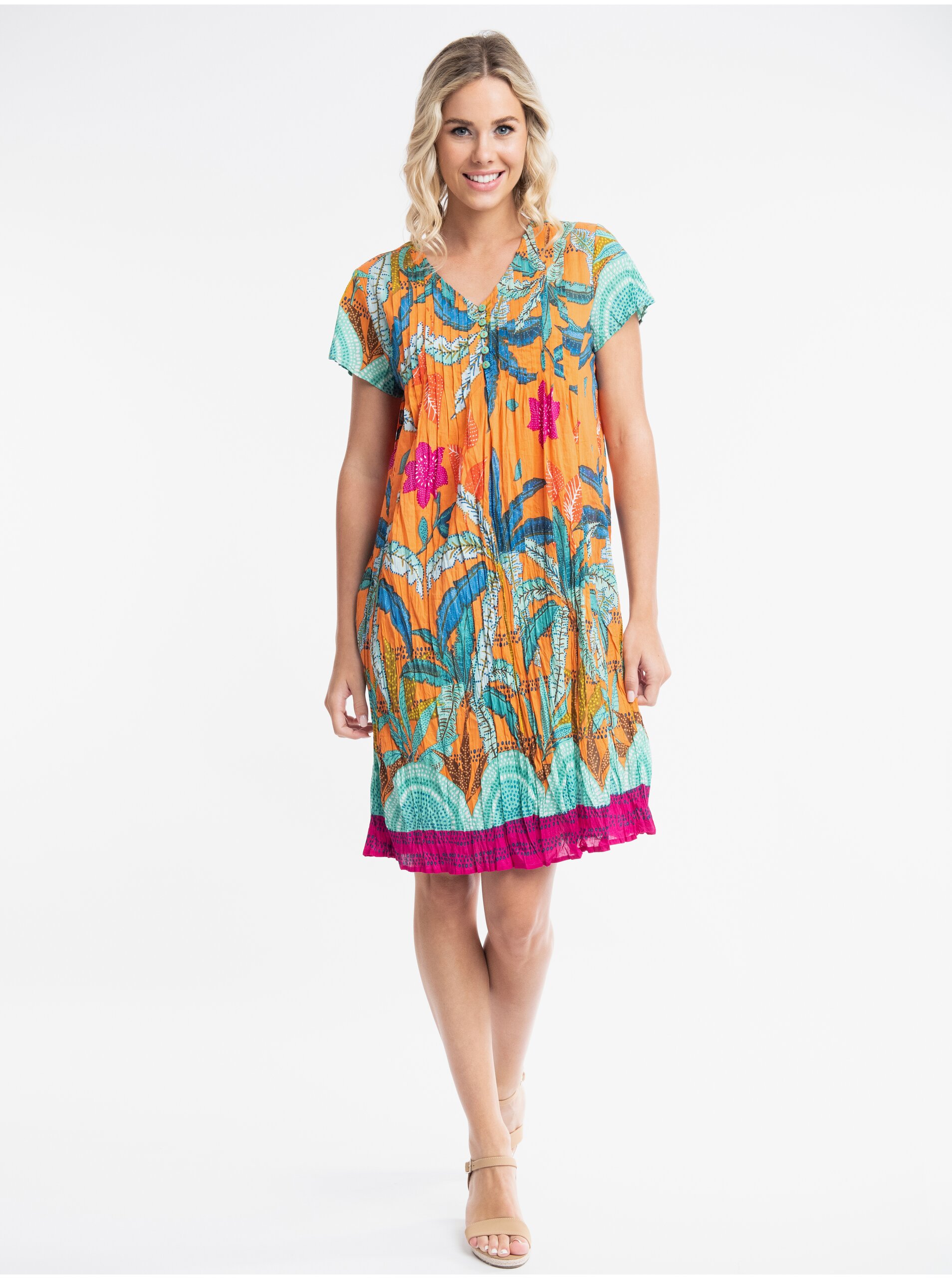 E-shop Tyrkysovo-oranžové dámske vzorované šaty Orientique Paphos