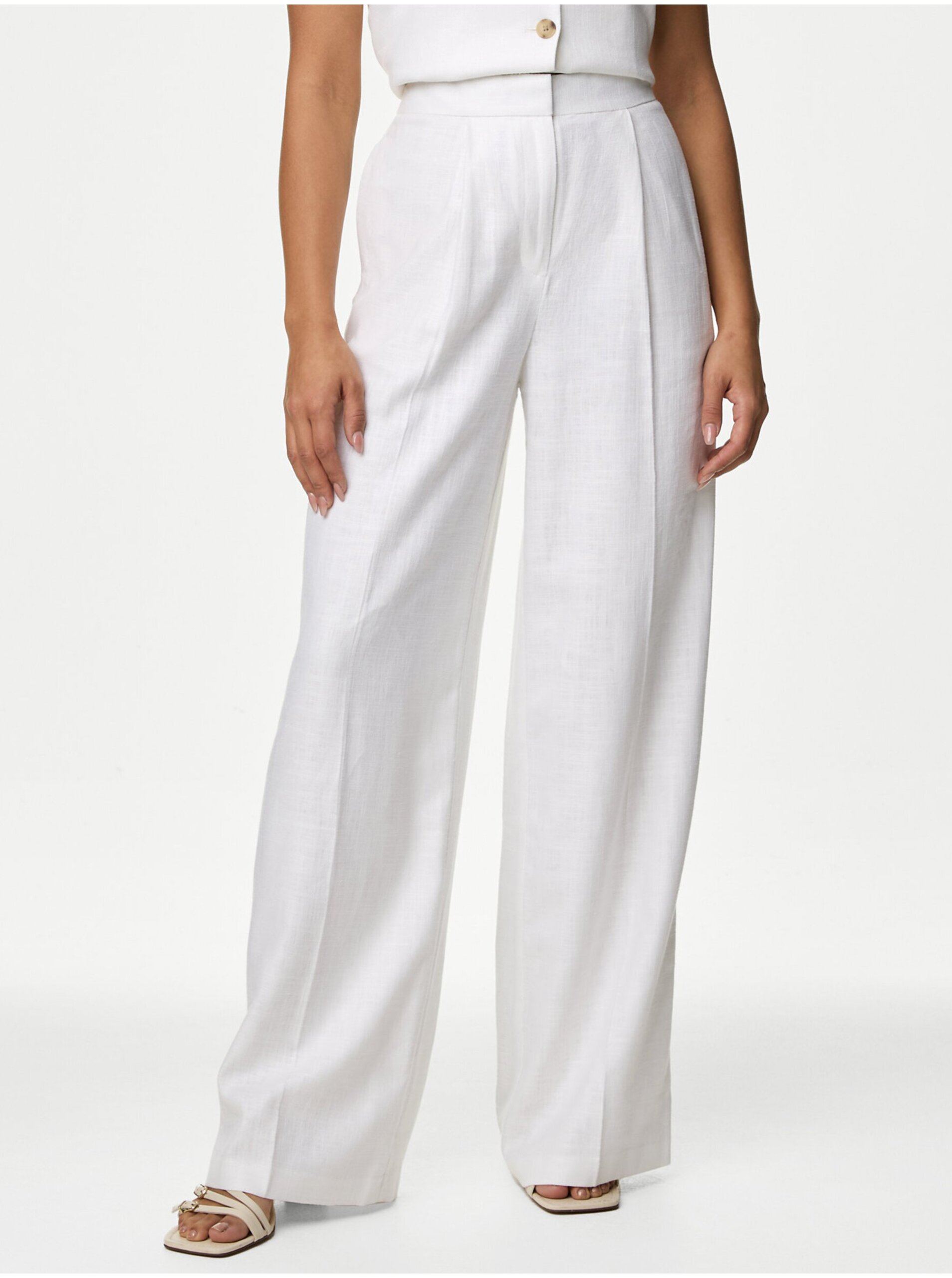 Lacno Biele dámske nohavice so širokými nohavicami Marks & Spencer