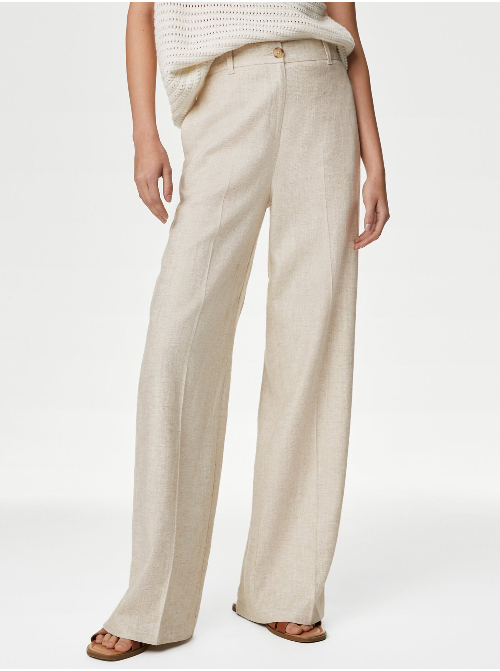 Levně Krémové dámské kalhoty se širokými nohavicemi Marks & Spencer