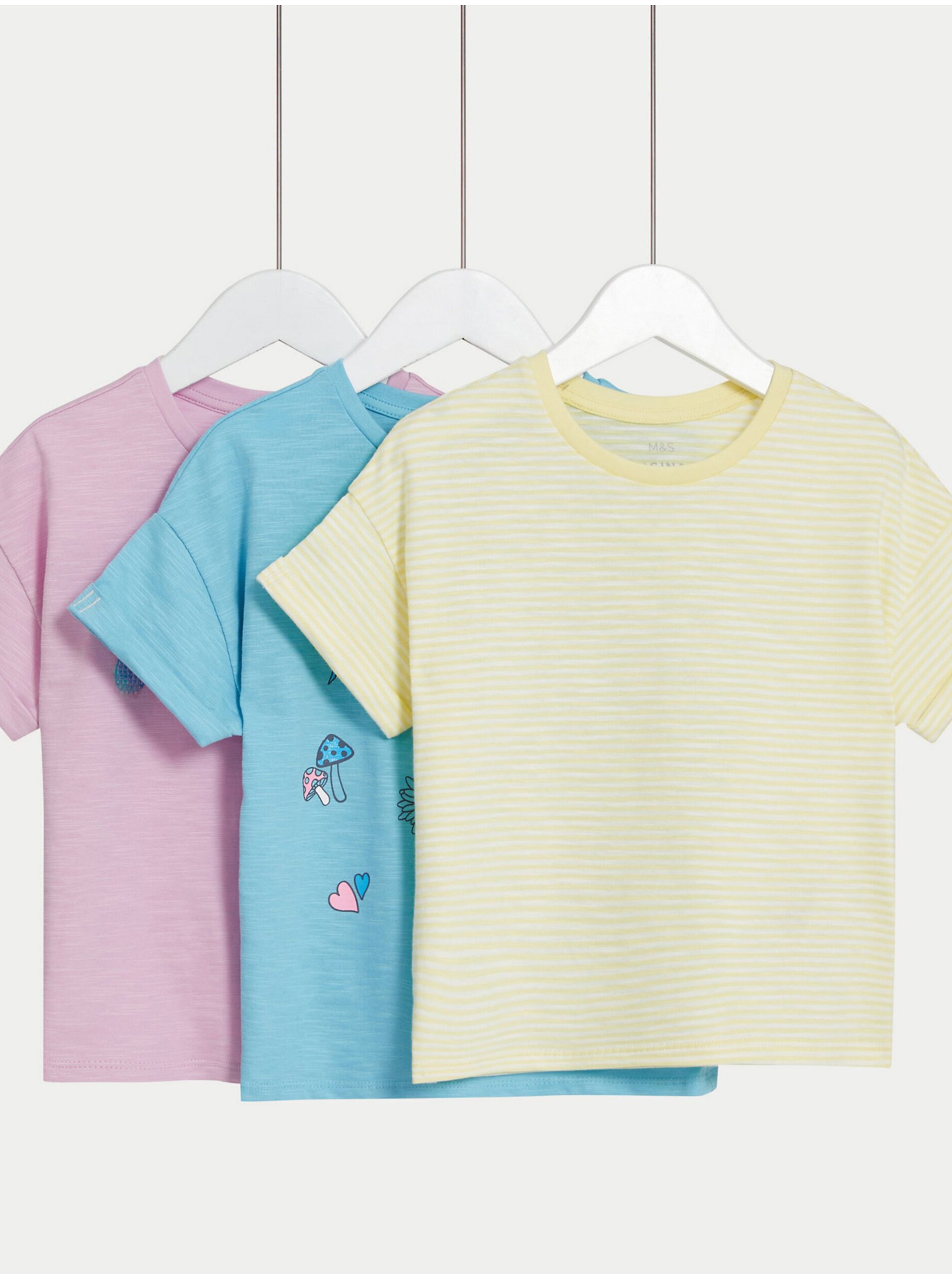Lacno Súprava troch dievčenských tričiek v ružovej, modrej a žltej farbe Marks & Spencer