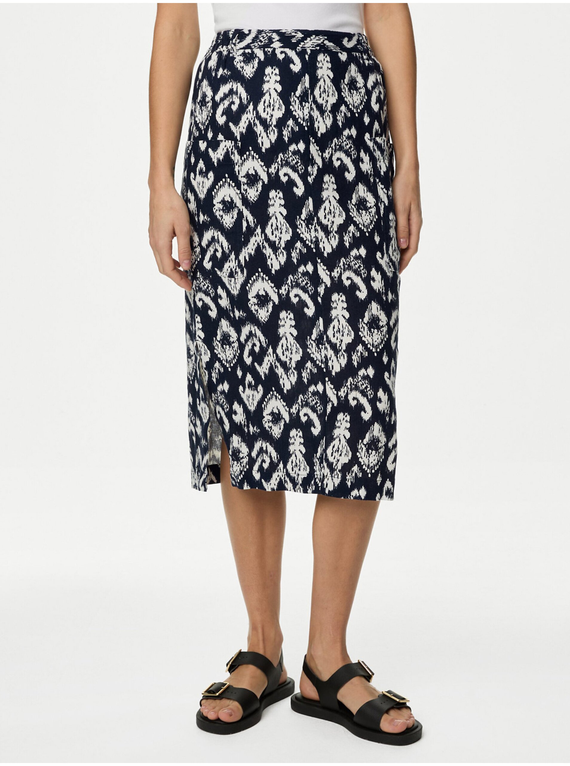 Levně Tmavě modrá dámská vzorovaná sukně s příměsí lnu Marks & Spencer