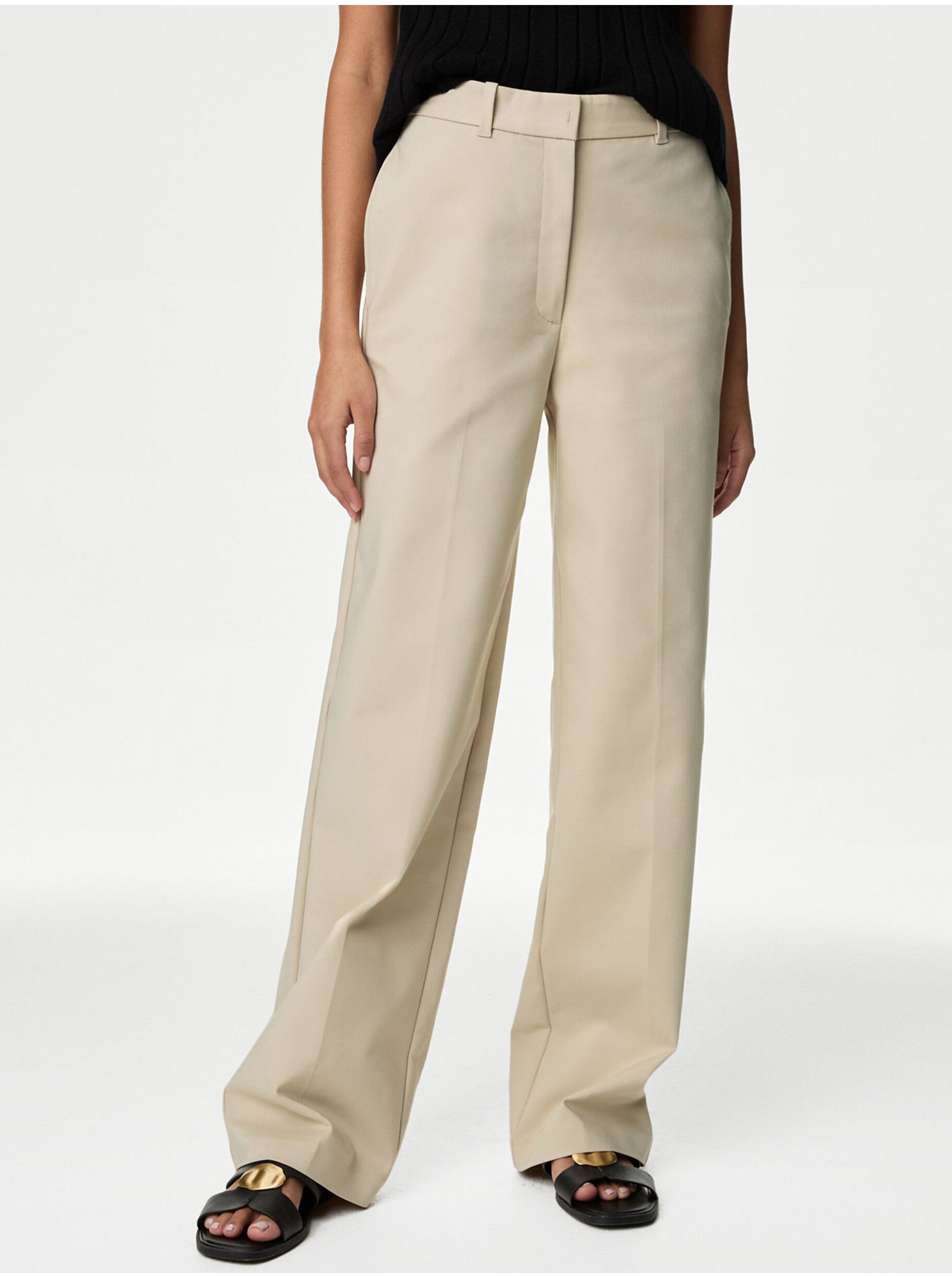 Levně Béžové dámské chino kalhoty se širokými nohavicemi Marks & Spencer