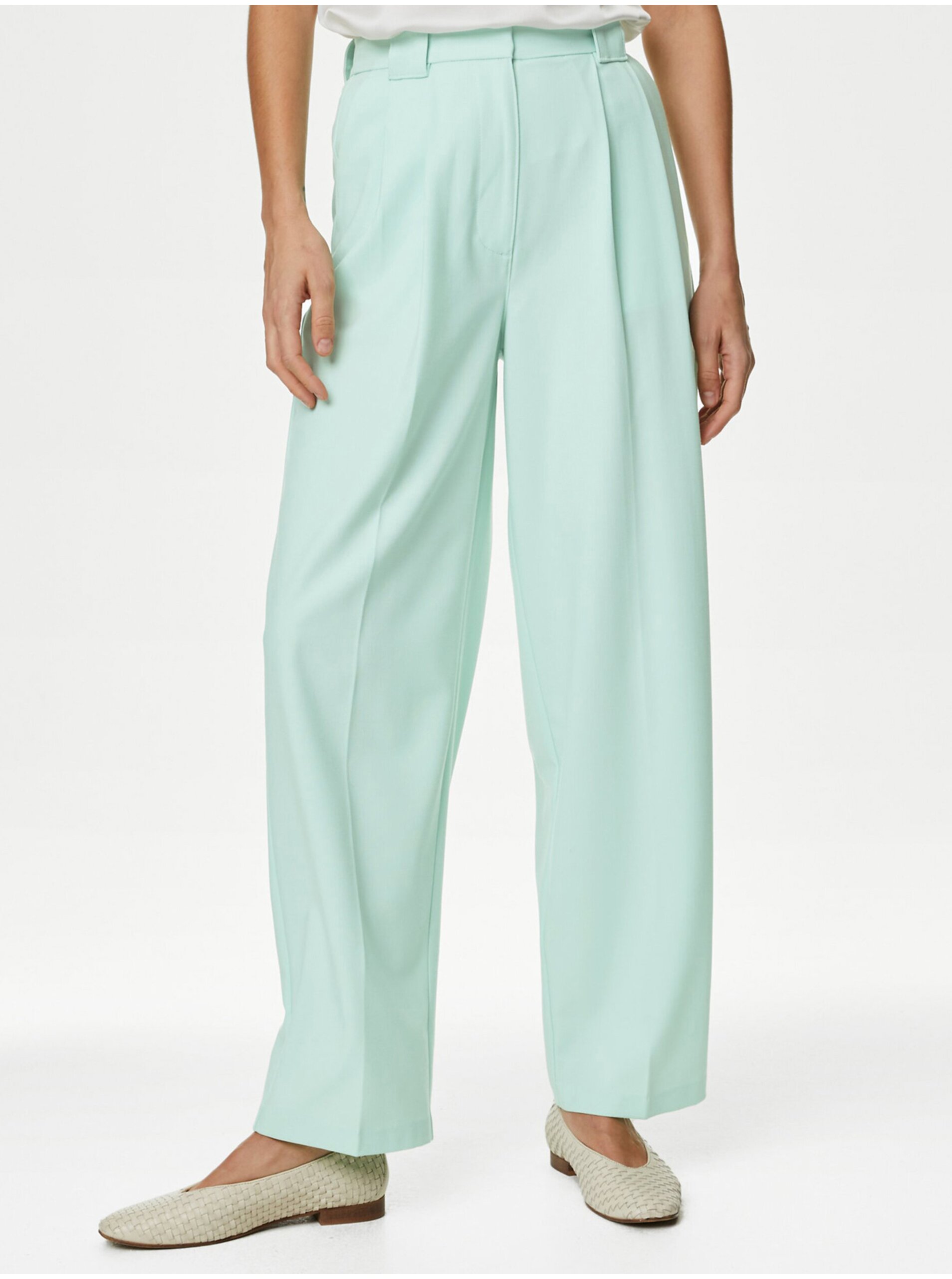 Levně Mentolové dámské kalhoty volného střihu Marks & Spencer