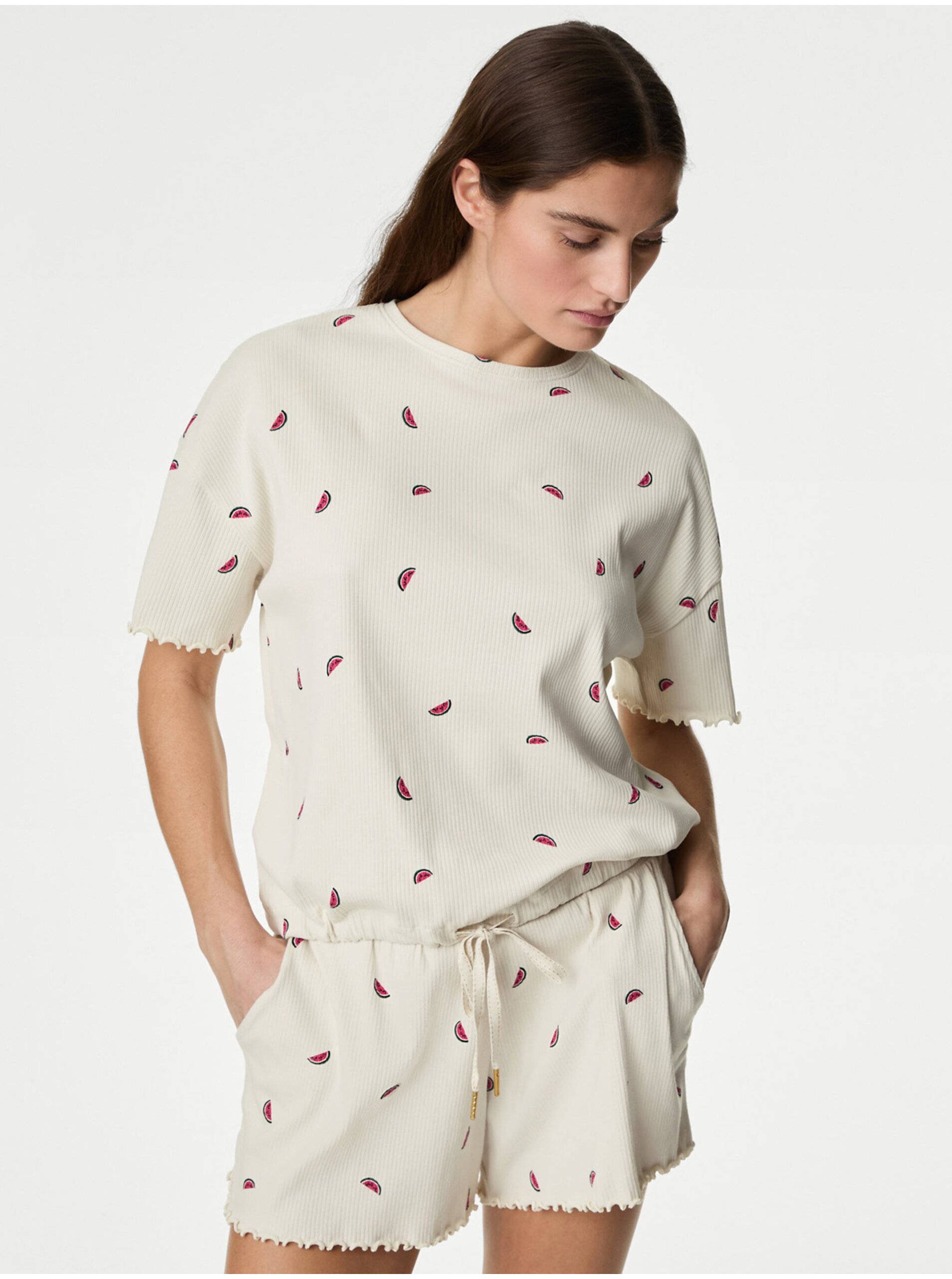 Levně Krémové dámské vzorované tričko se stahovací šňůrkou Marks & Spencer