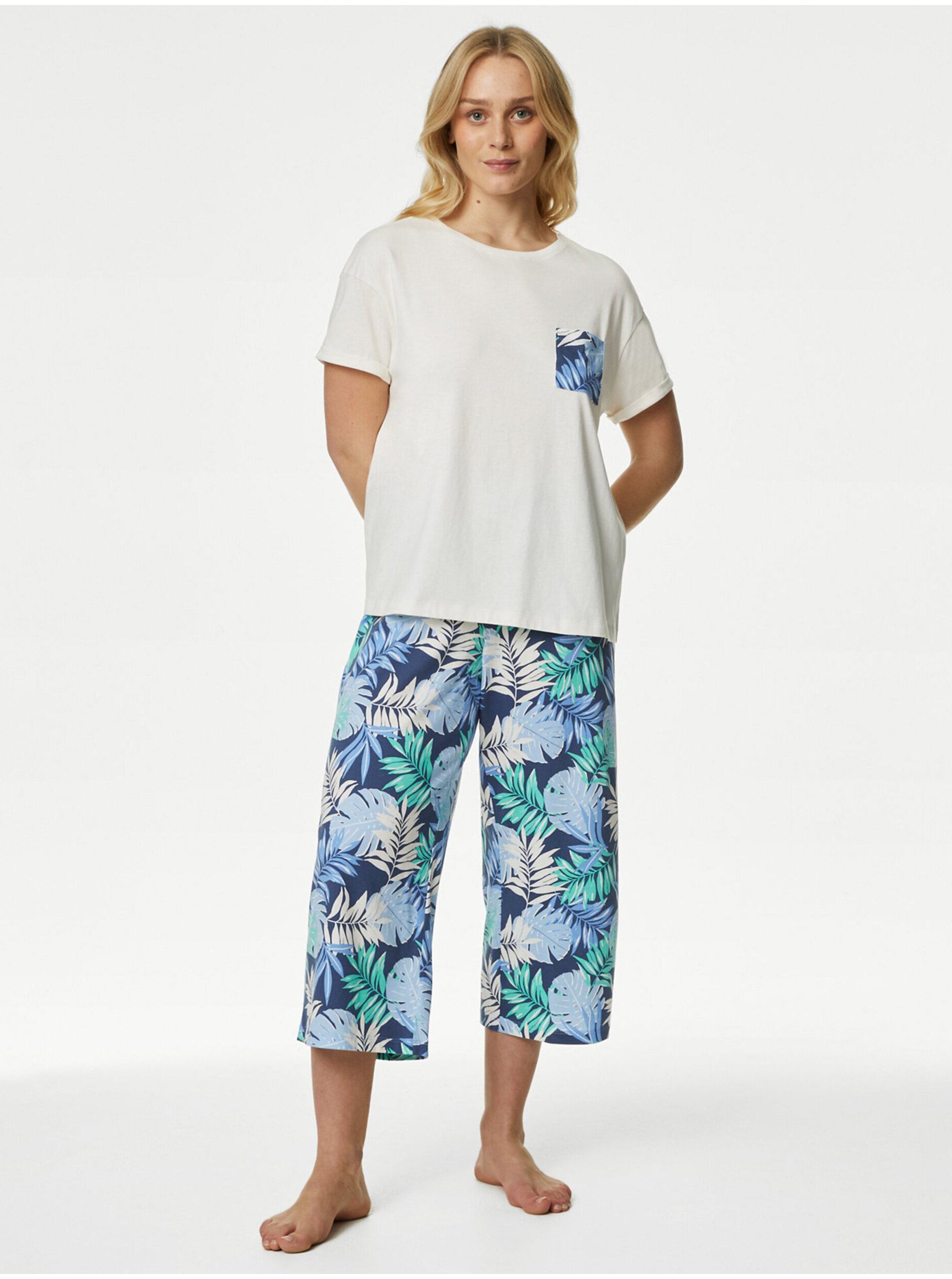 Levně Krémovo-modré dámské vzorované pyžamo Marks & Spencer