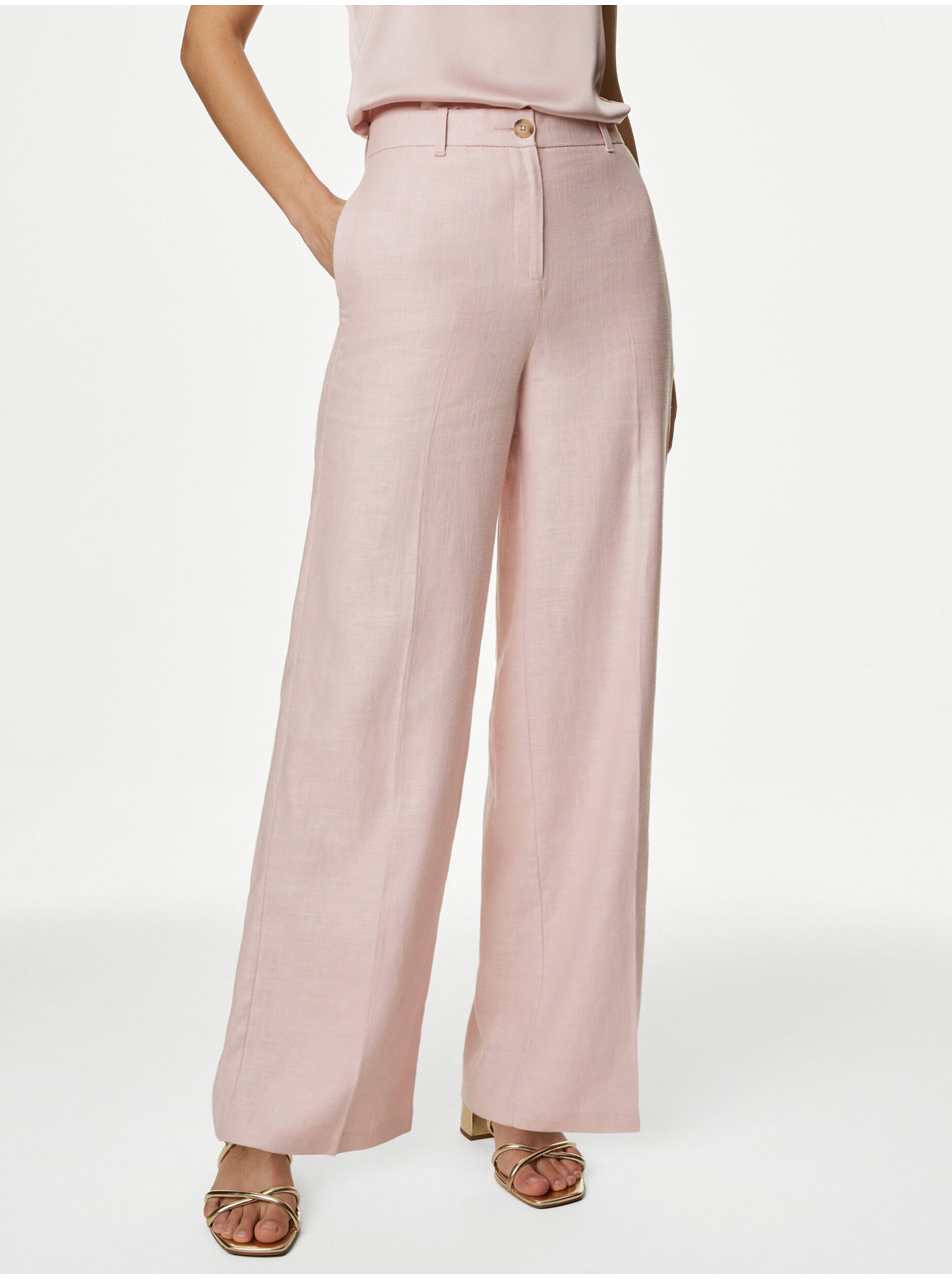 Levně Světle růžové dámské široké kalhoty s příměsí lnu Marks & Spencer